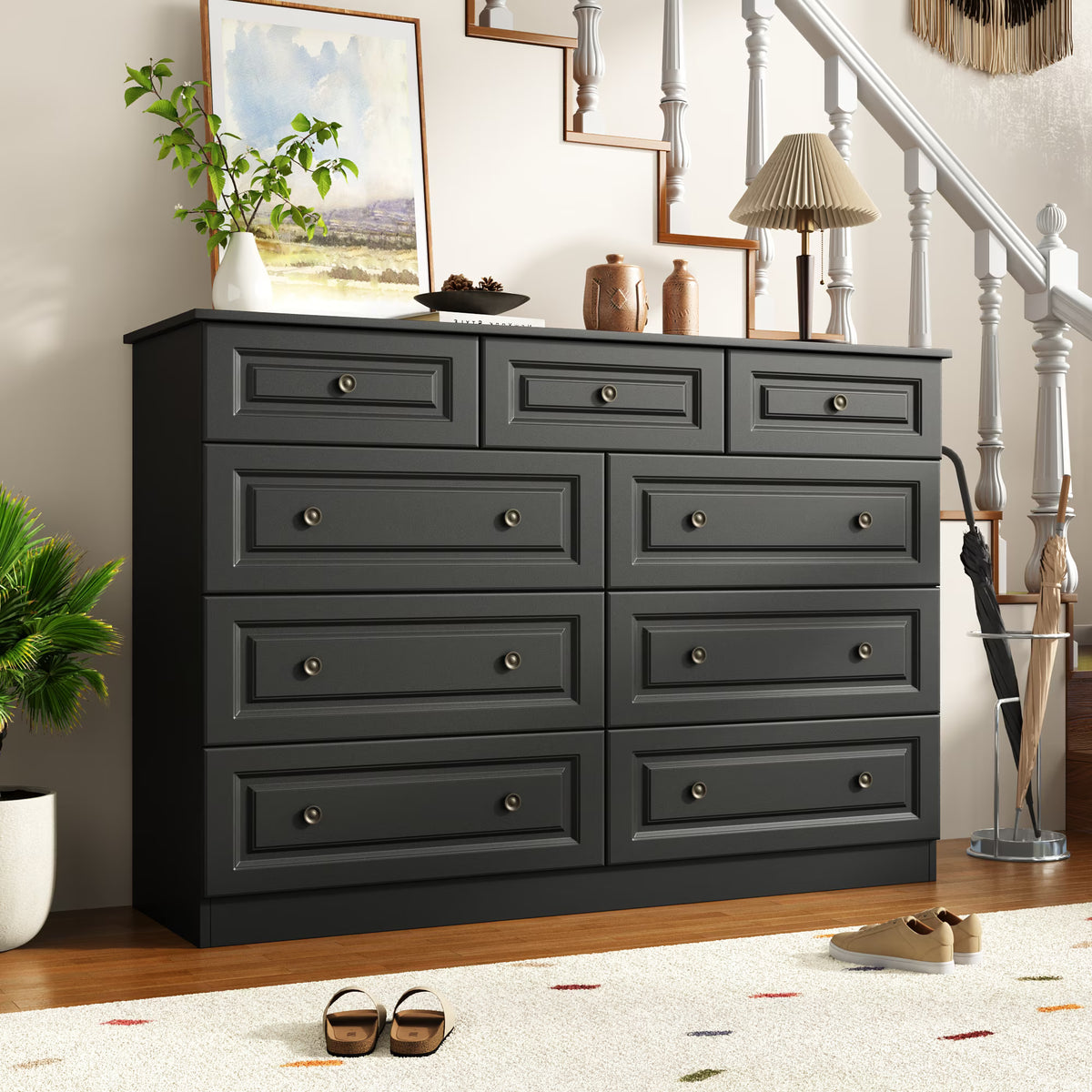 50" 9 Drawer Dresser – Retro Modern Chest with Black Metal Handles