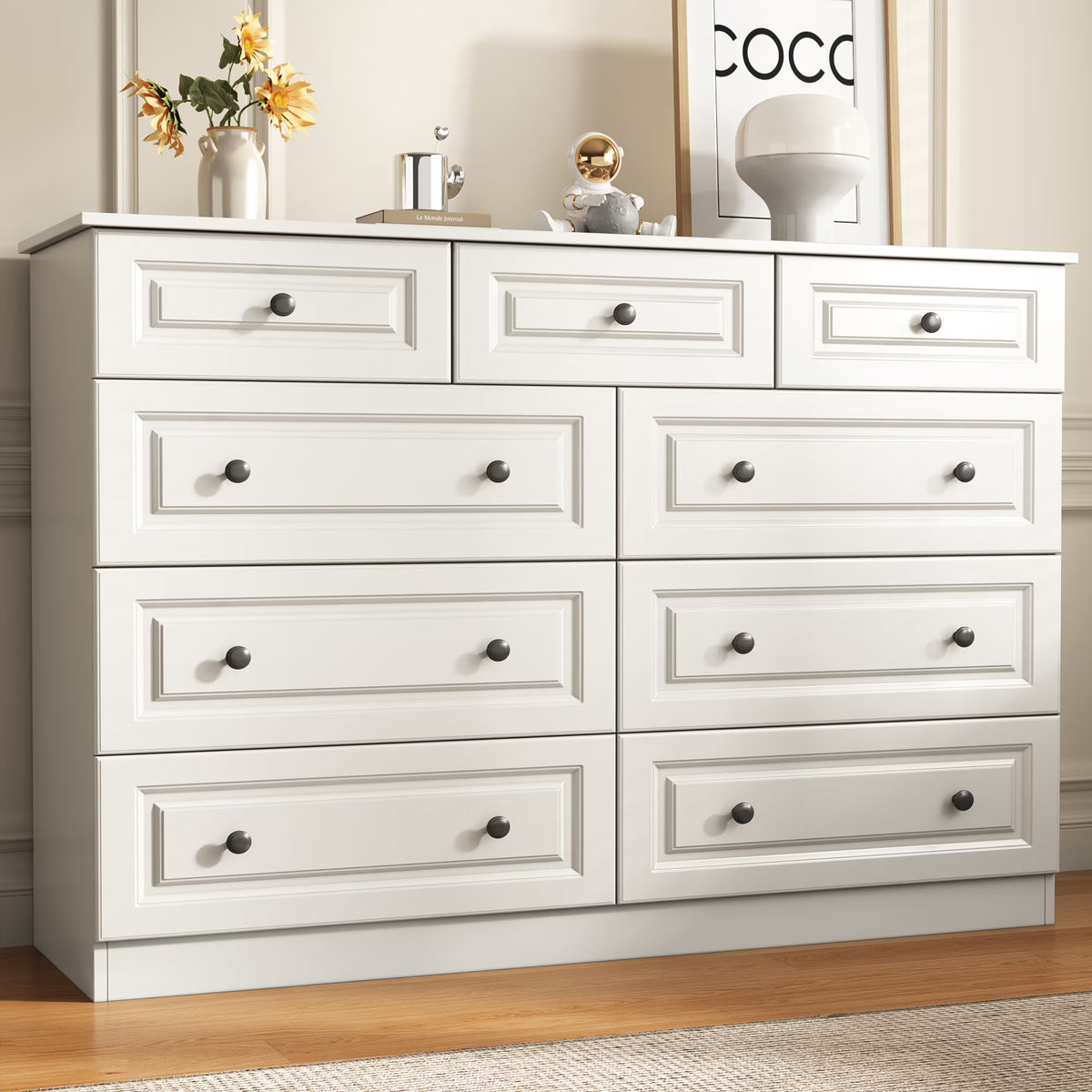 50" 9 Drawer Dresser – Retro Modern Chest with Black Metal Handles
