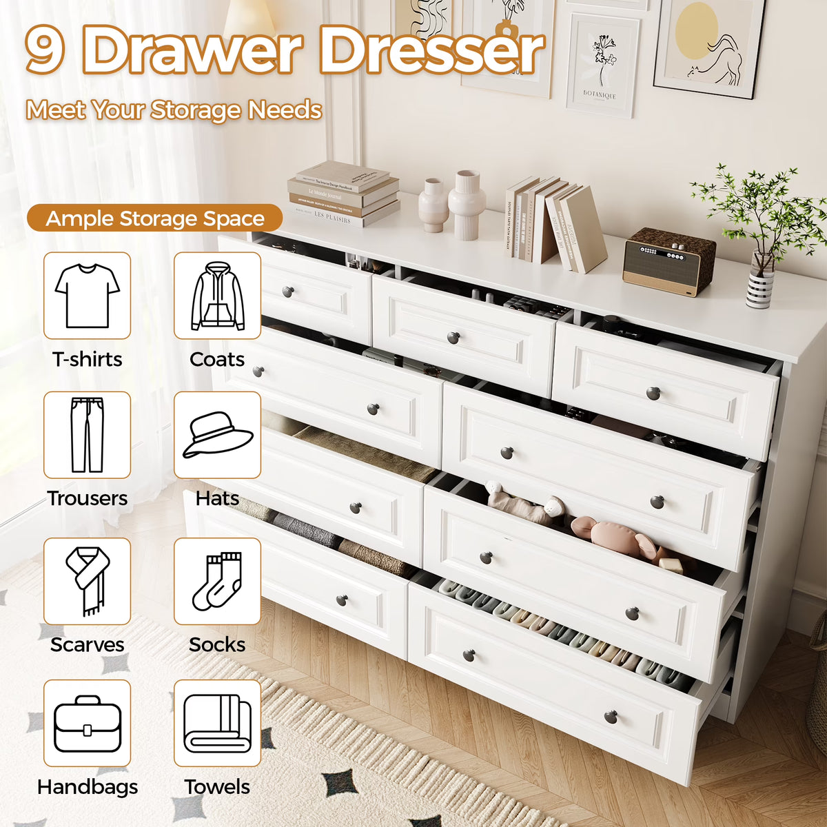 50" 9 Drawer Dresser – Retro Modern Chest with Black Metal Handles
