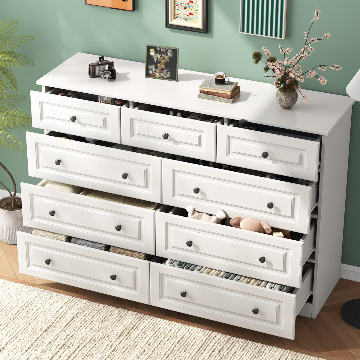50" 9 Drawer Dresser – Retro Modern Chest with Black Metal Handles