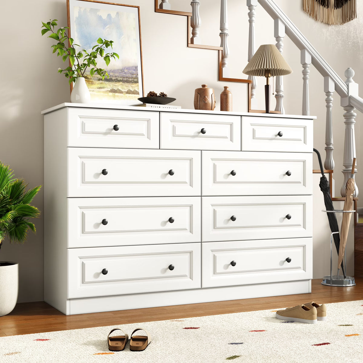 50" 9 Drawer Dresser – Retro Modern Chest with Black Metal Handles