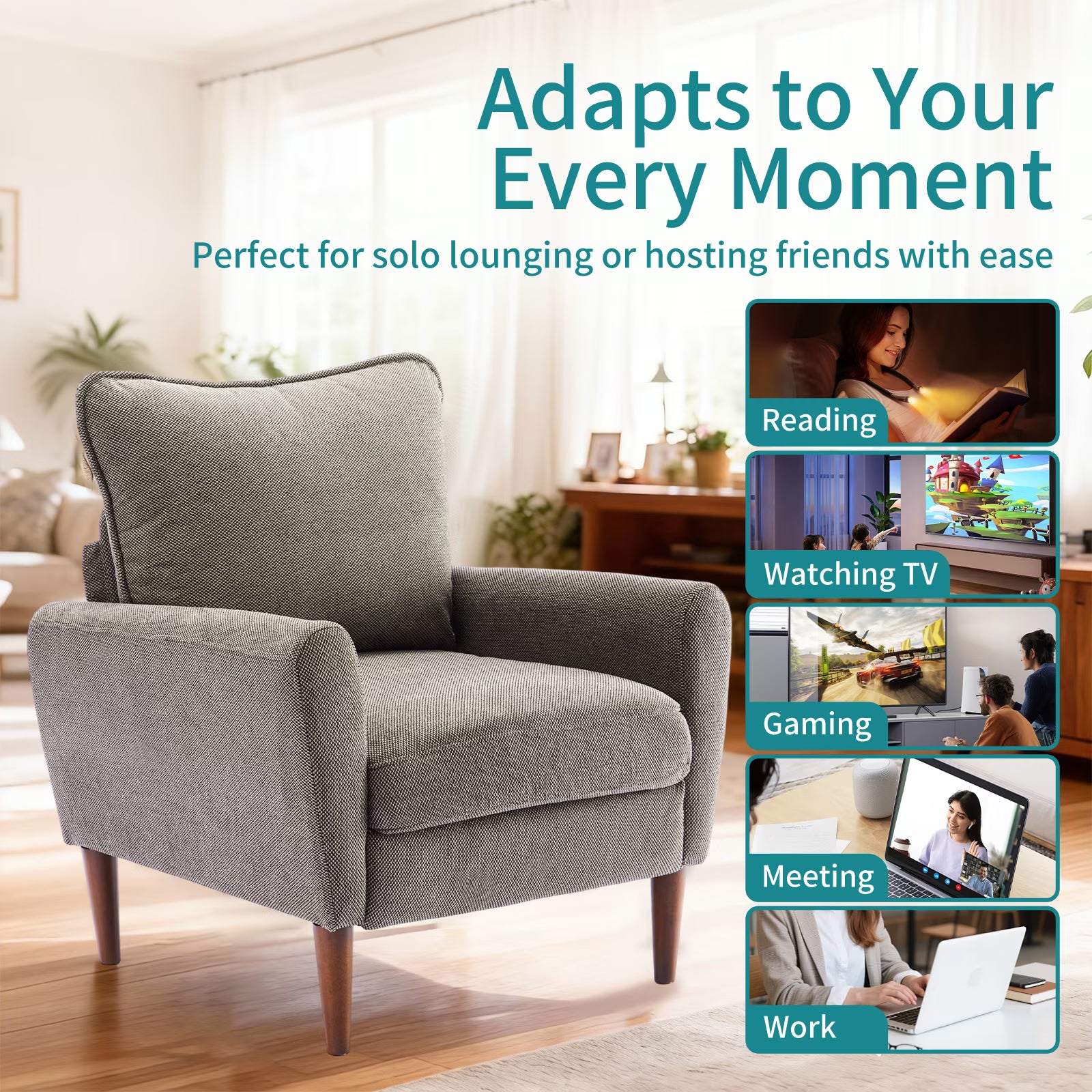 Mid-Century Modern Accent Chair – Padded Fabric Armchair