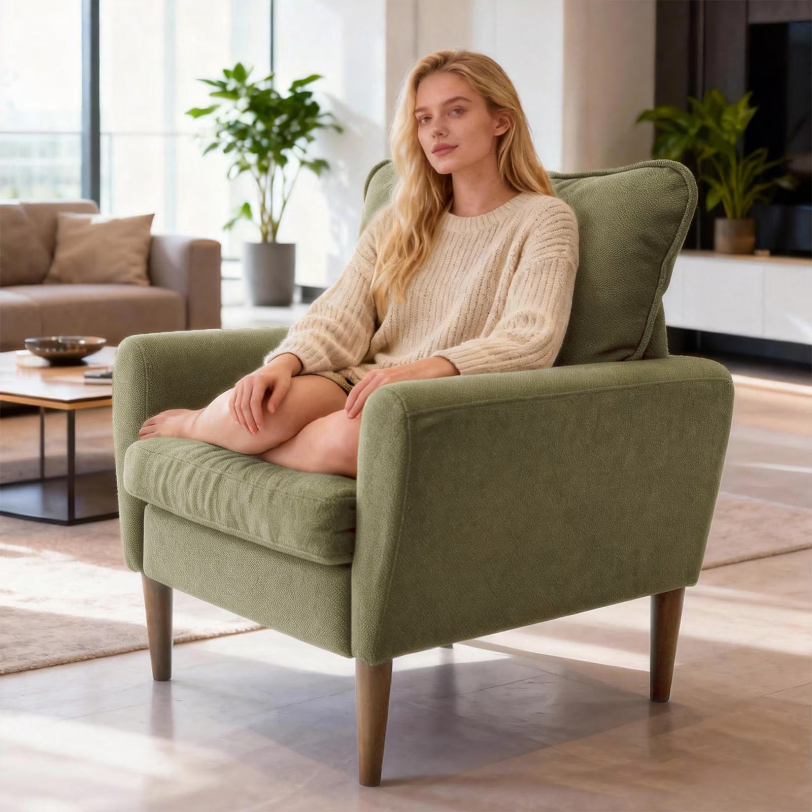 Mid-Century Modern Accent Chair – Padded Fabric Armchair