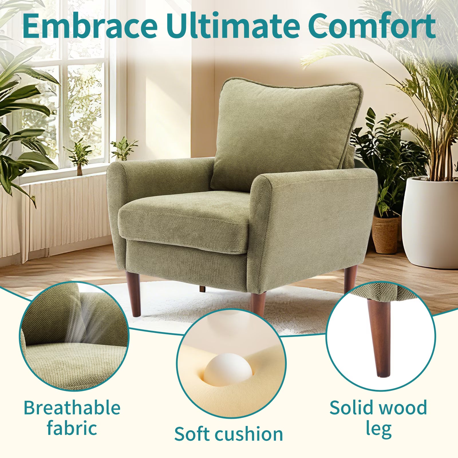 Mid-Century Modern Accent Chair – Padded Fabric Armchair