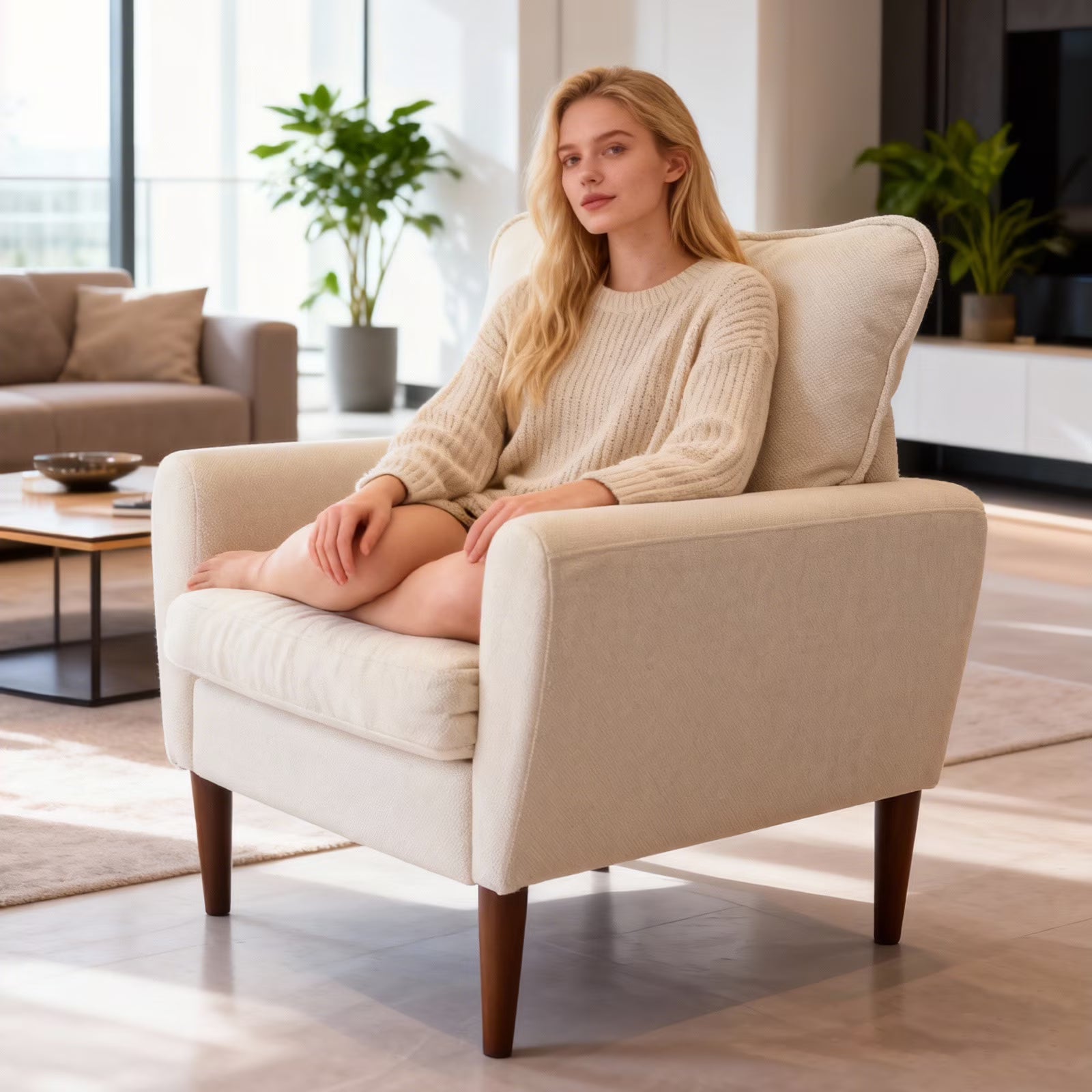 Mid-century modern upholstered accent chair with wooden legs