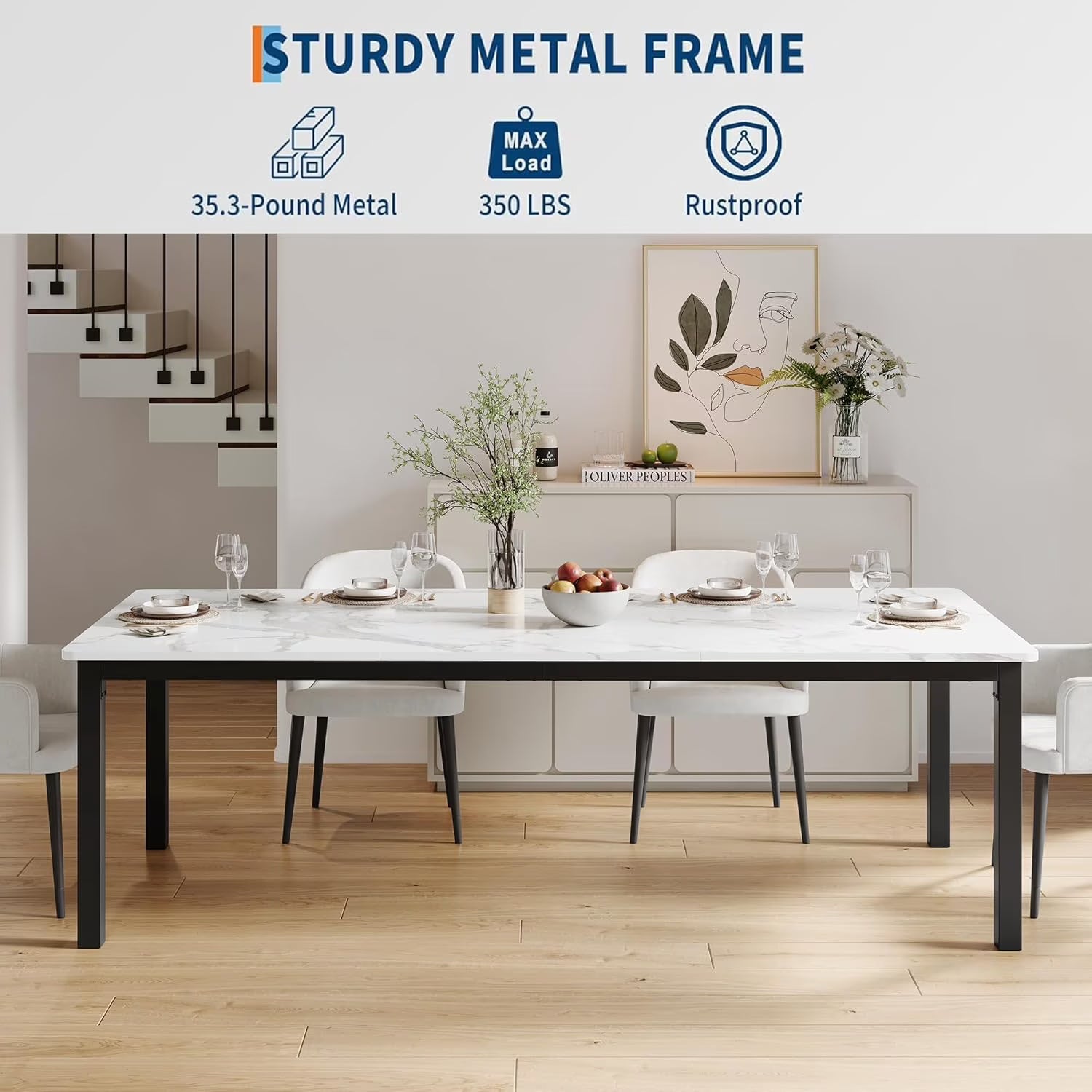 78 Inch Rectangular Dining Table – Industrial Metal Legs, Seats 6-8