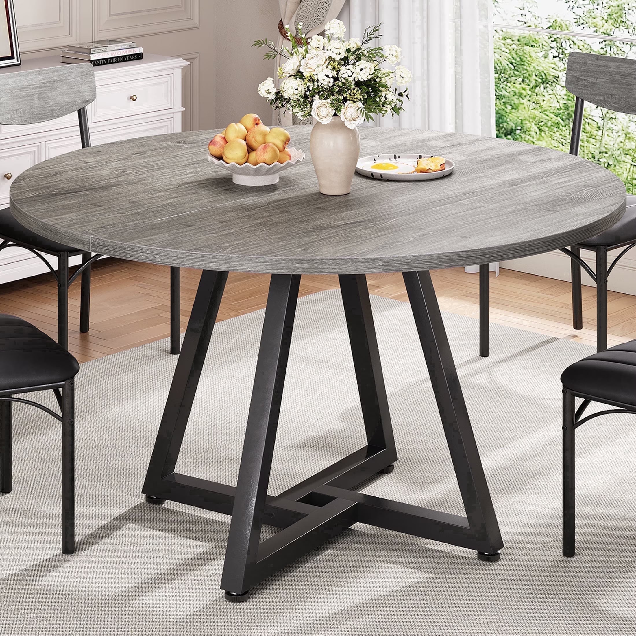 47 Inch Round Industrial Dining Table – Wood Top, Black Metal Frame