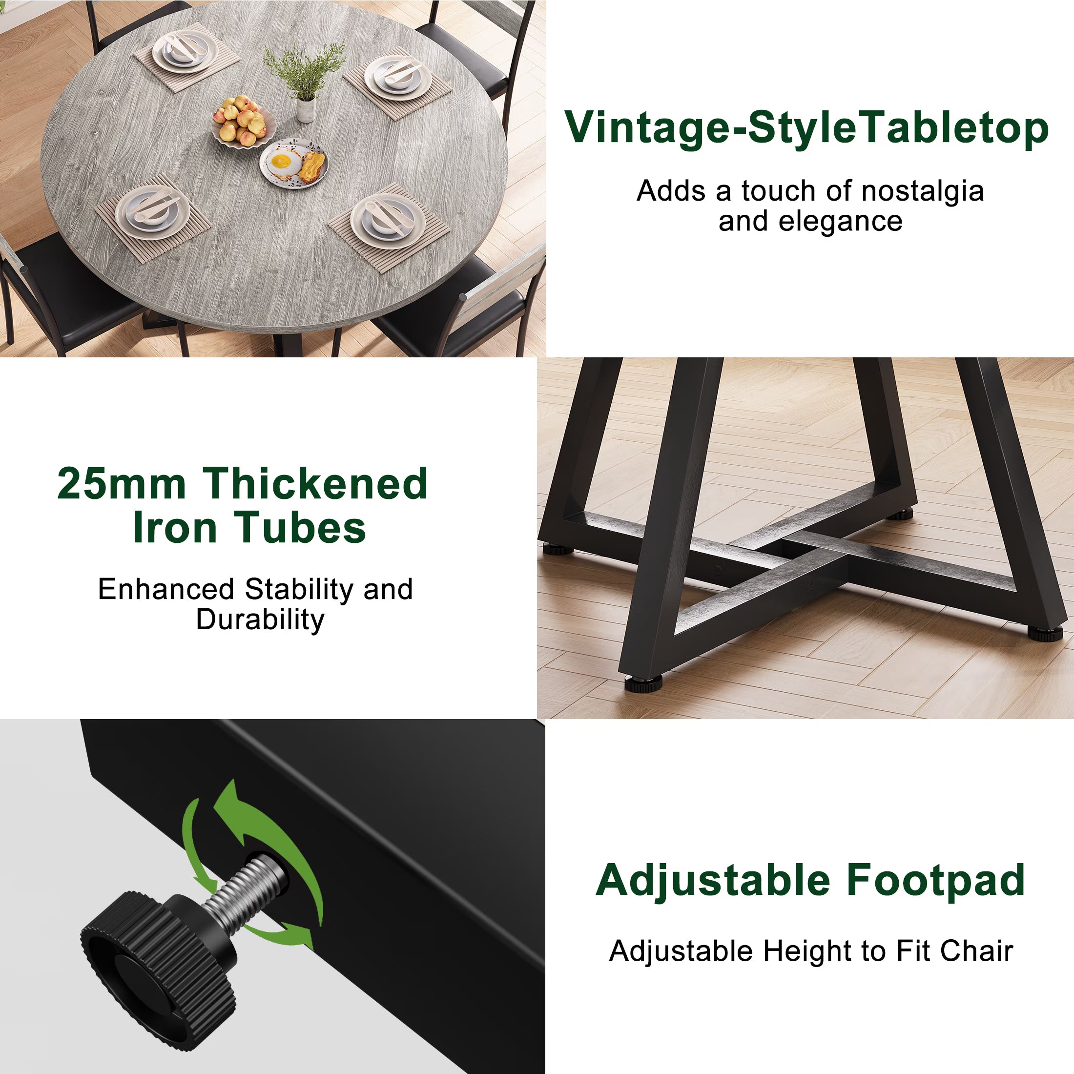 47 Inch Round Industrial Dining Table – Wood Top, Black Metal Frame