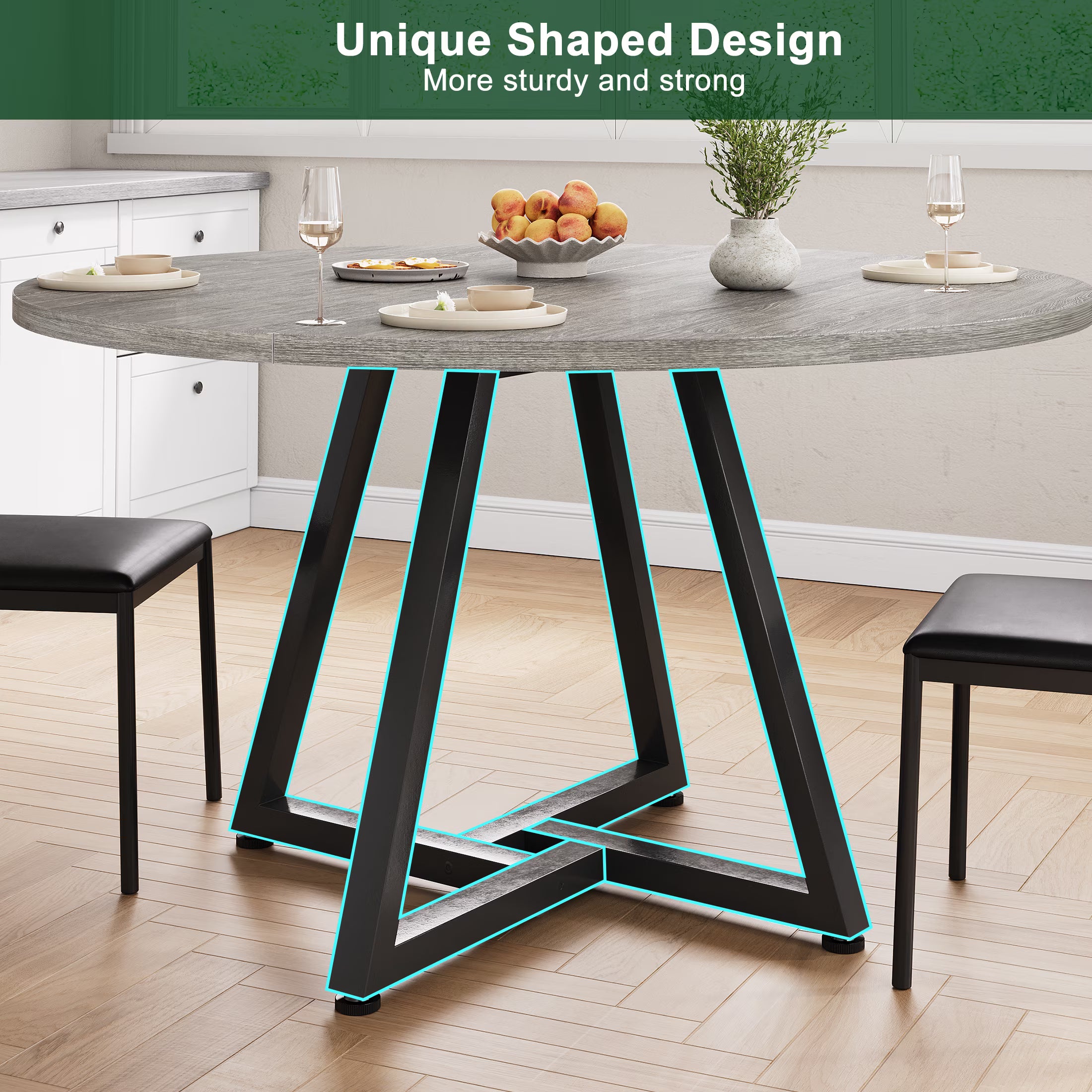 47 Inch Round Industrial Dining Table – Wood Top, Black Metal Frame