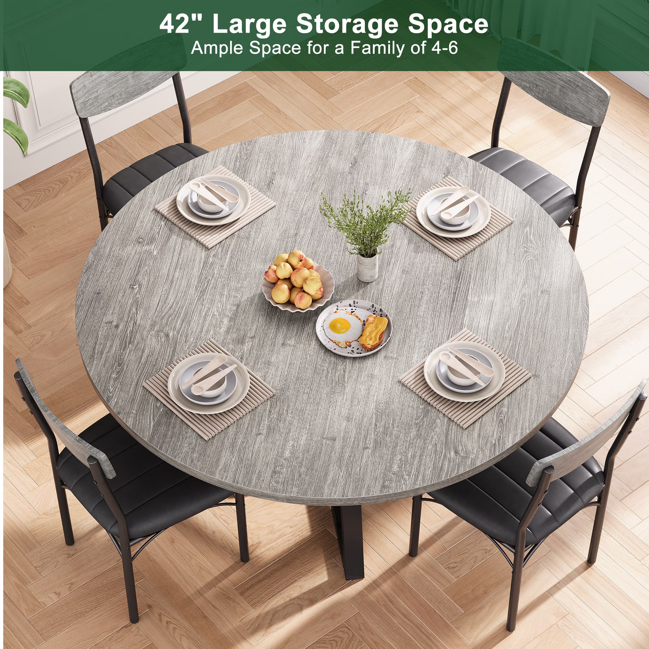 47 Inch Round Industrial Dining Table – Wood Top, Black Metal Frame