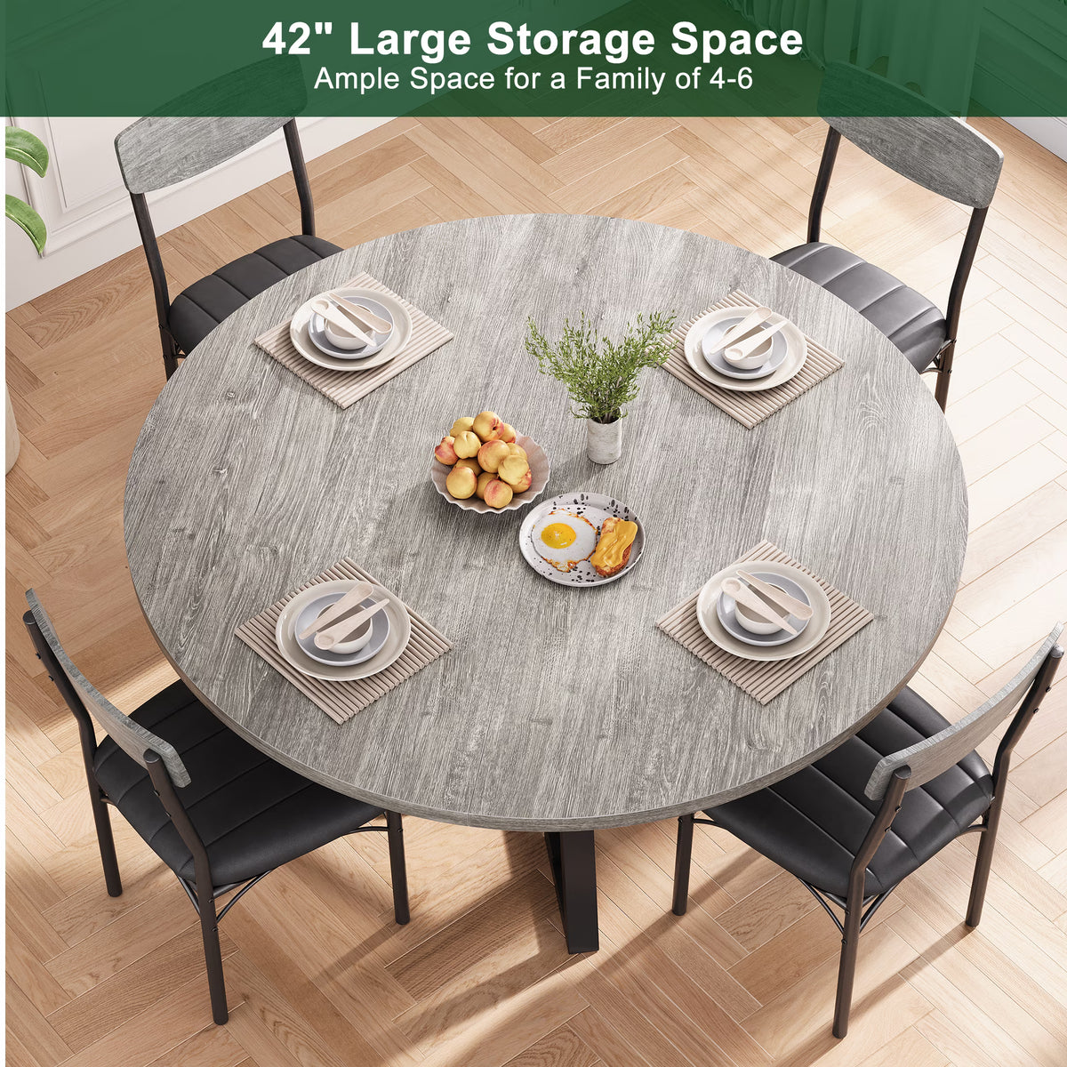 47 Inch Round Industrial Dining Table – Wood Top, Black Metal Frame(Only Table)