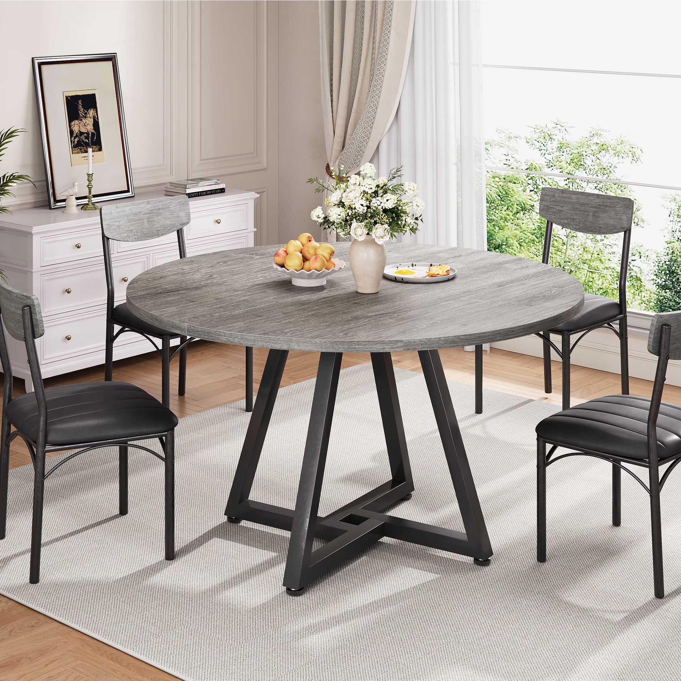 47 Inch Round Industrial Dining Table – Wood Top, Black Metal Frame