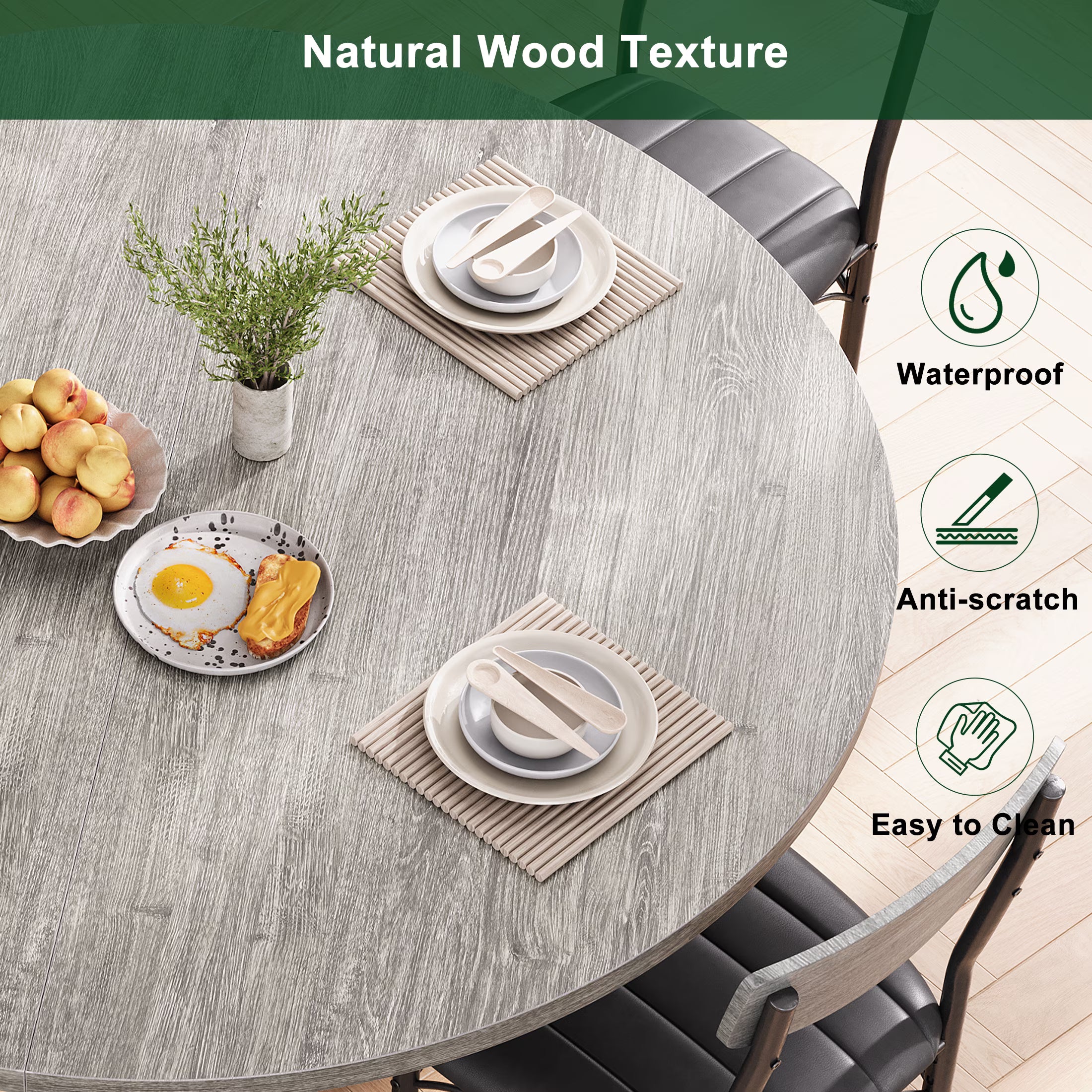 47 Inch Round Industrial Dining Table – Wood Top, Black Metal Frame