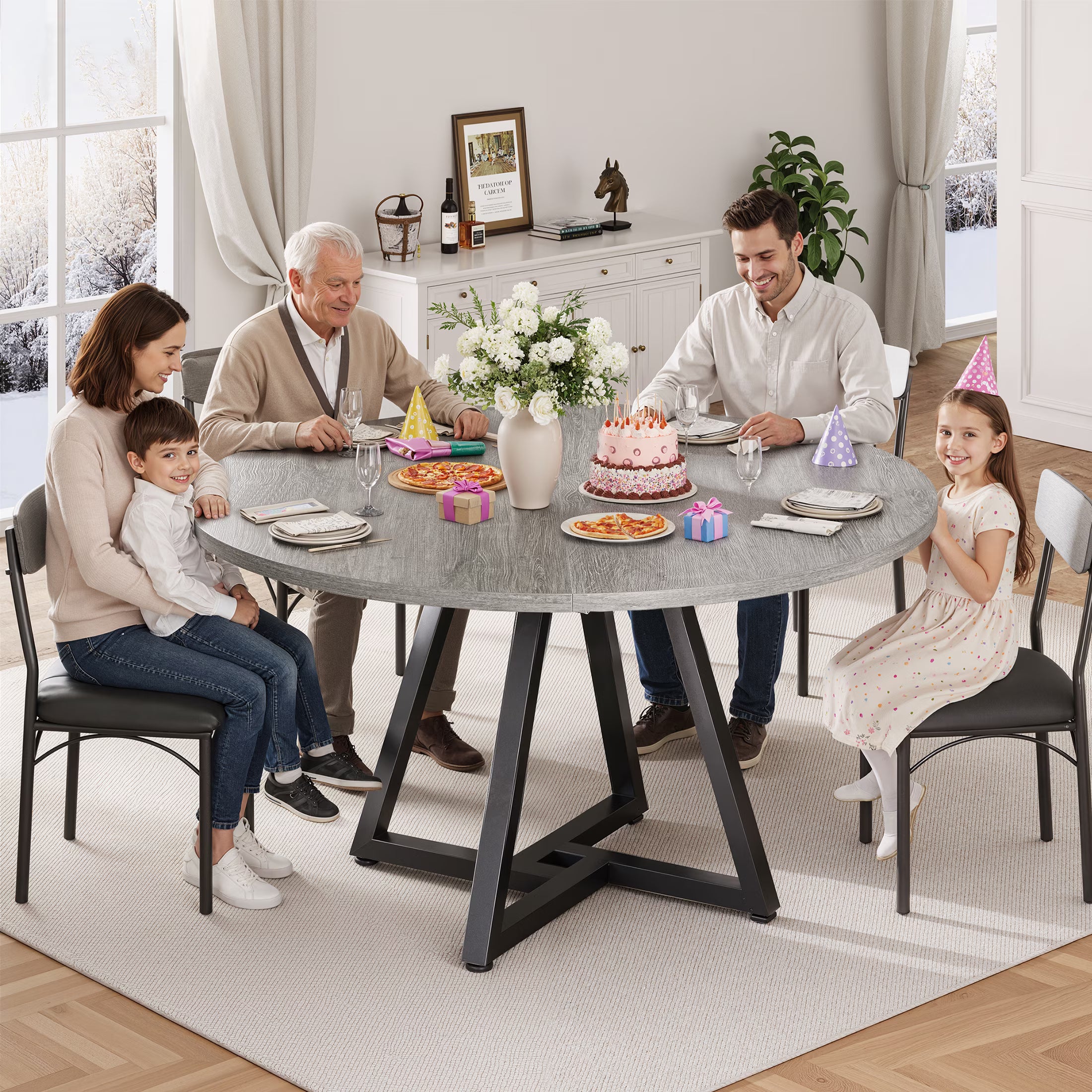 47 Inch Round Industrial Dining Table – Wood Top, Black Metal Frame