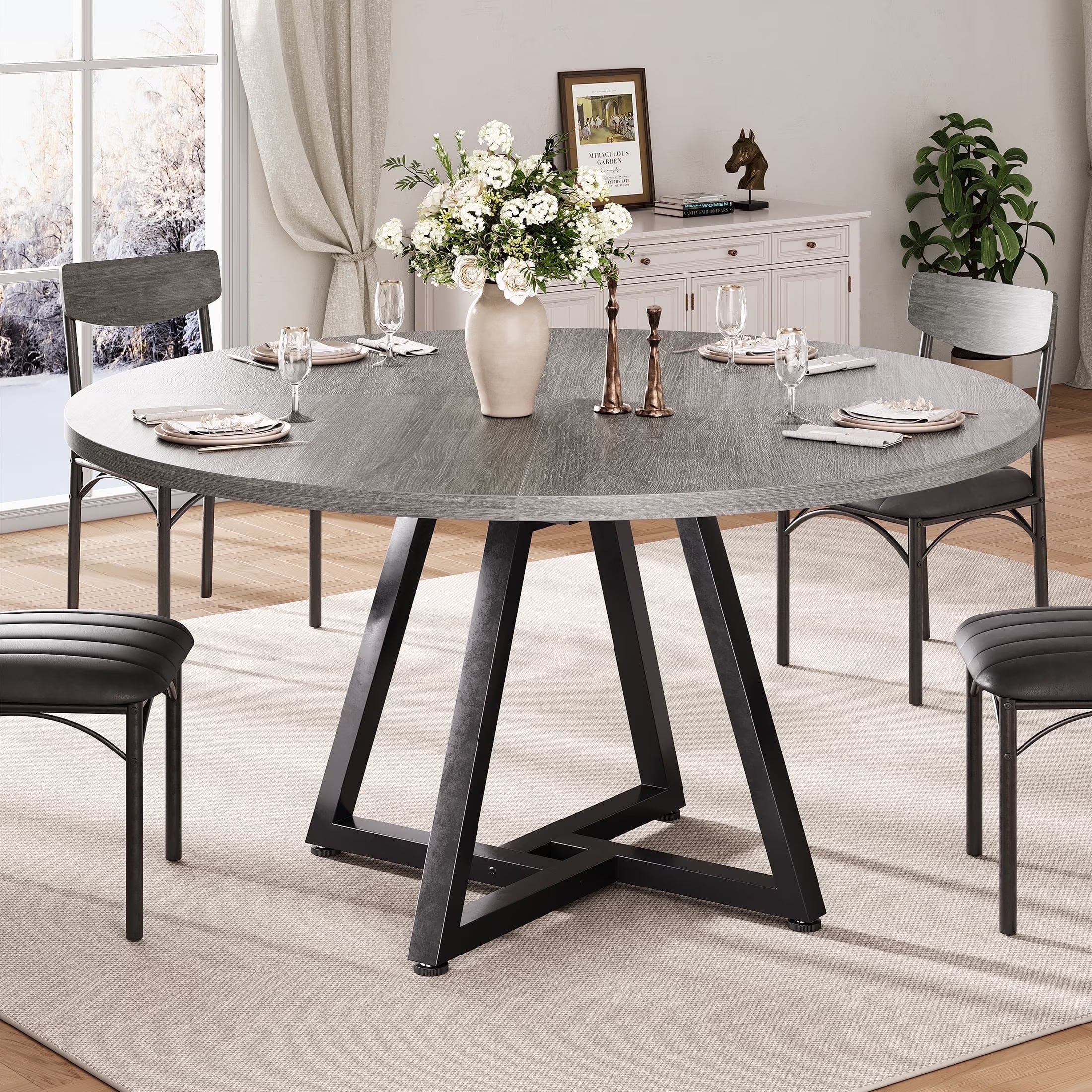 47 inch round industrial dining table with wood top and black metal frame