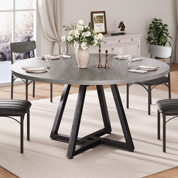 47 inch round industrial dining table with wood top and black metal frame
