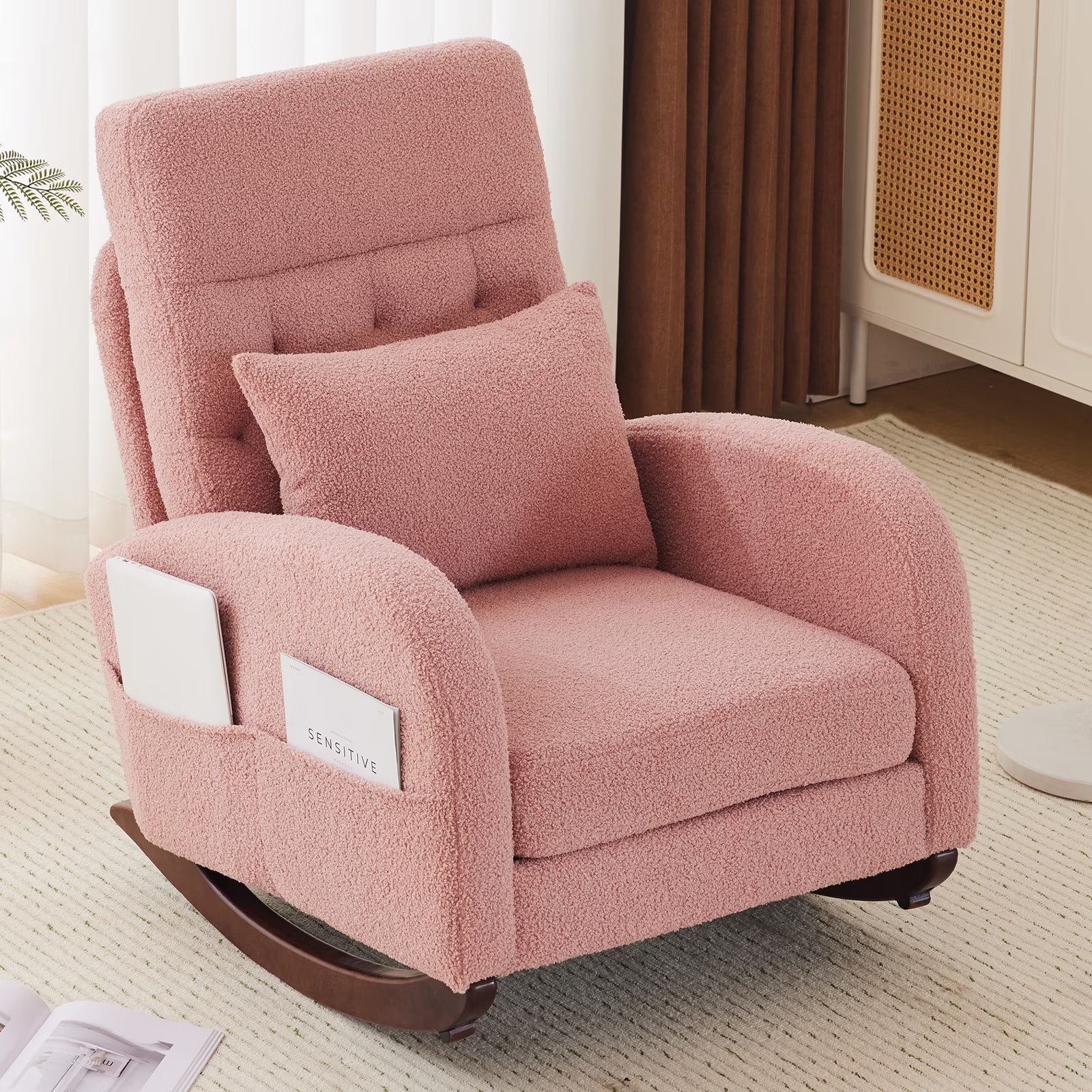 Solid Wood Lounge Chair with Side Pockets & Lumbar Pillow