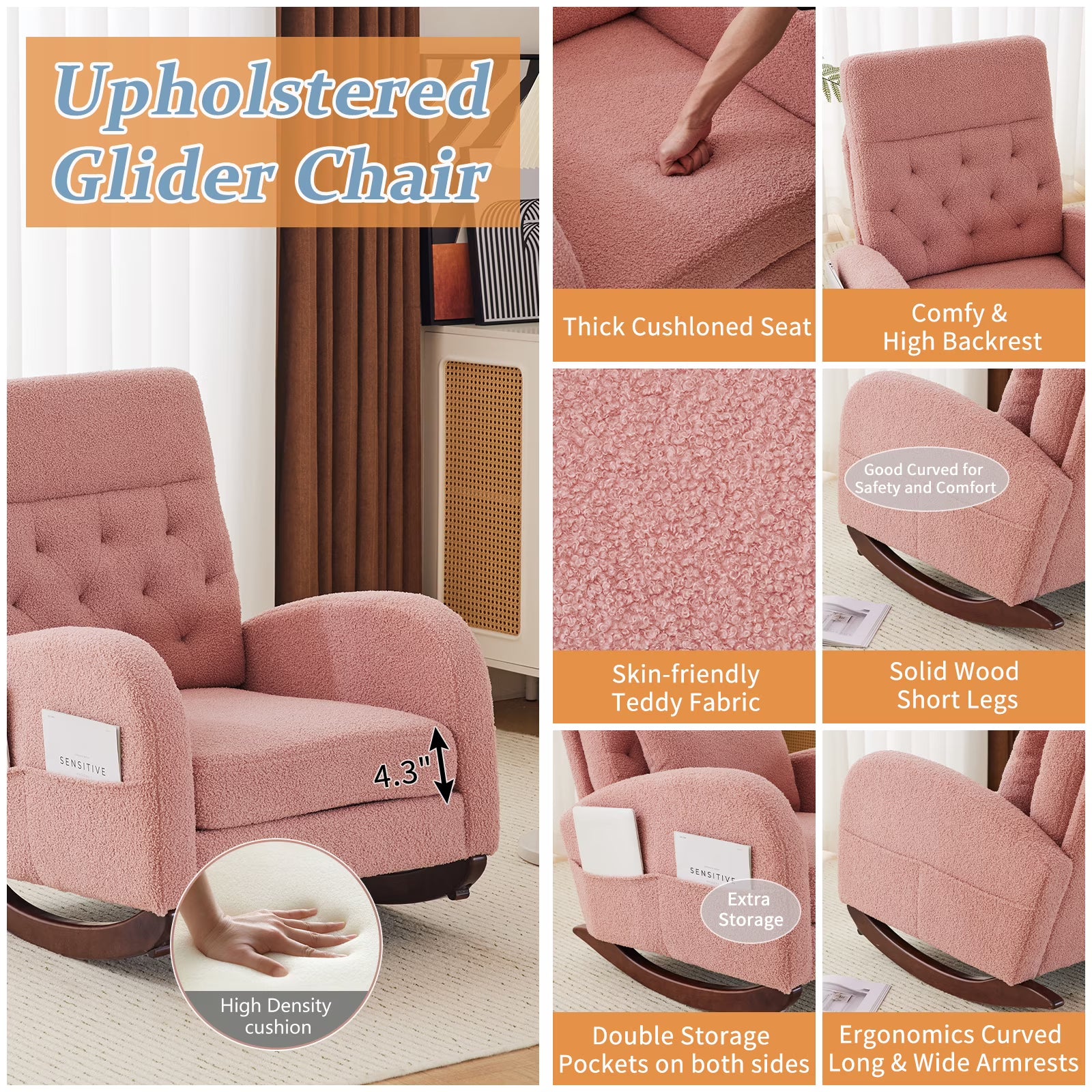 Solid Wood Lounge Chair with Side Pockets & Lumbar Pillow