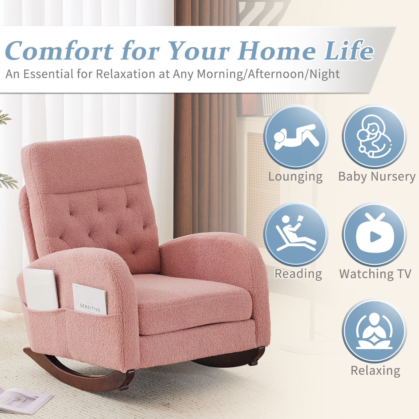 Solid Wood Lounge Chair with Side Pockets & Lumbar Pillow