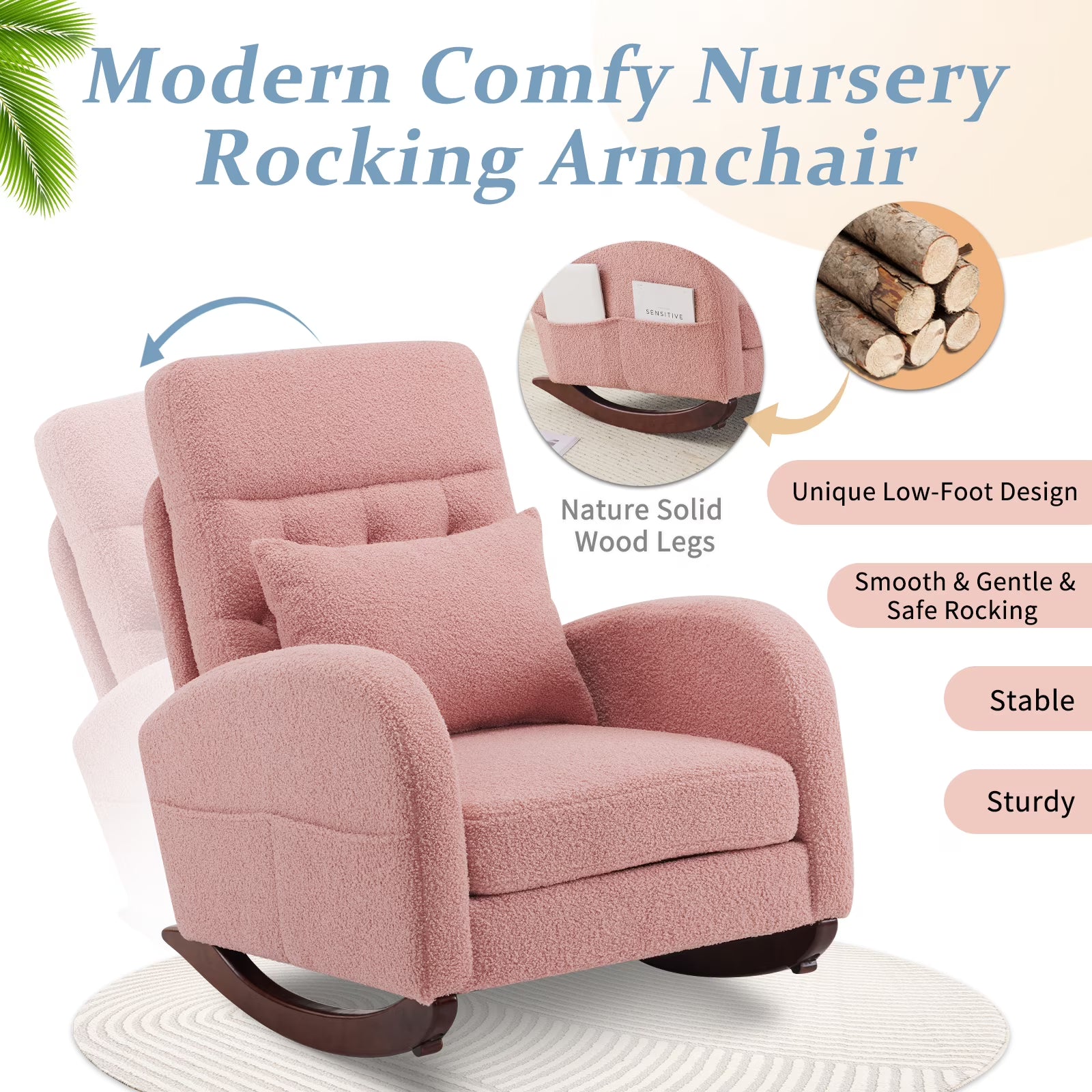 Solid Wood Lounge Chair with Side Pockets & Lumbar Pillow