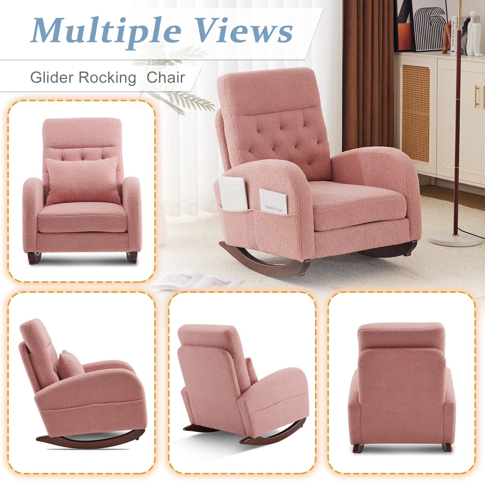 Solid Wood Lounge Chair with Side Pockets & Lumbar Pillow