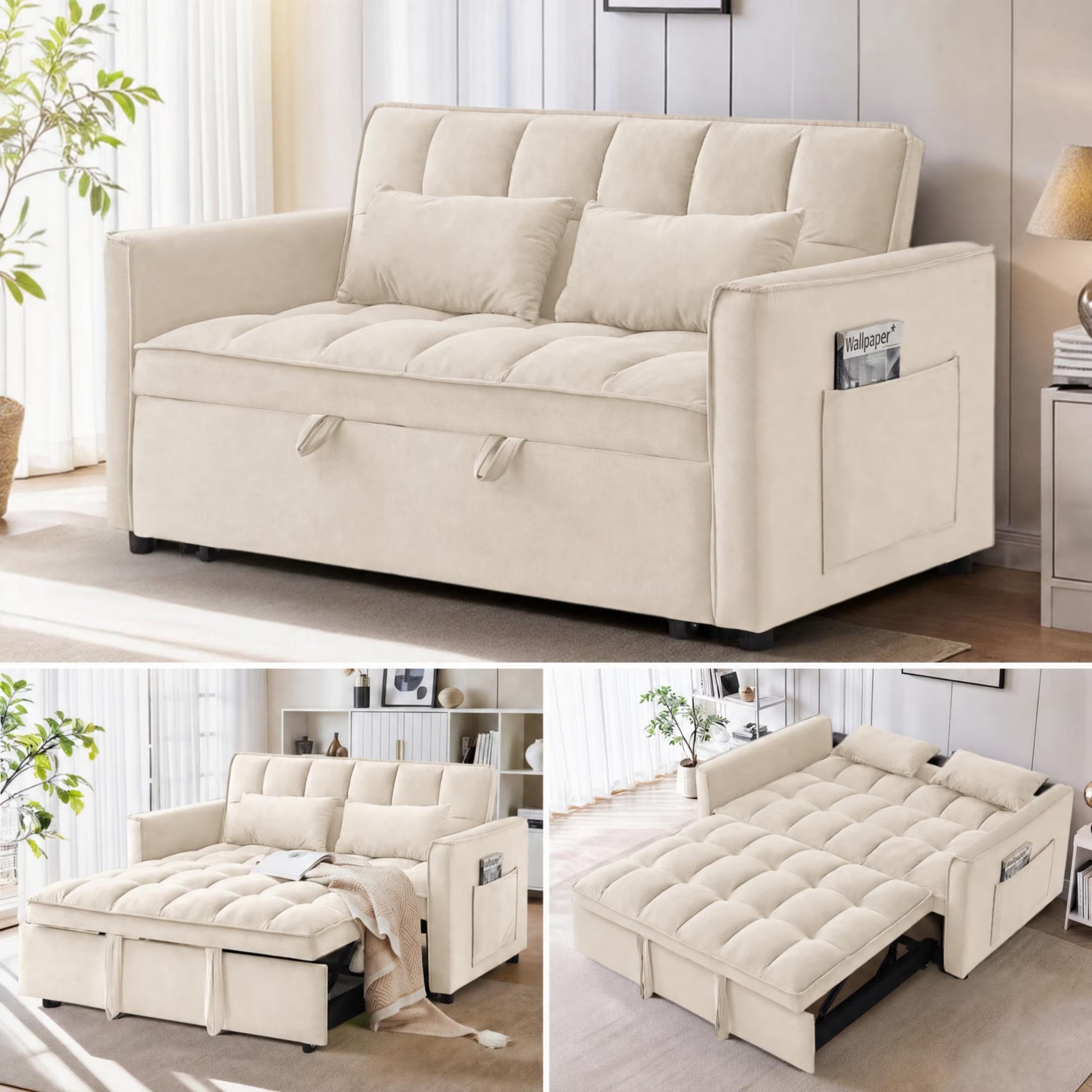 3-in-1 convertible velvet sofa bed in upright sofa mode
