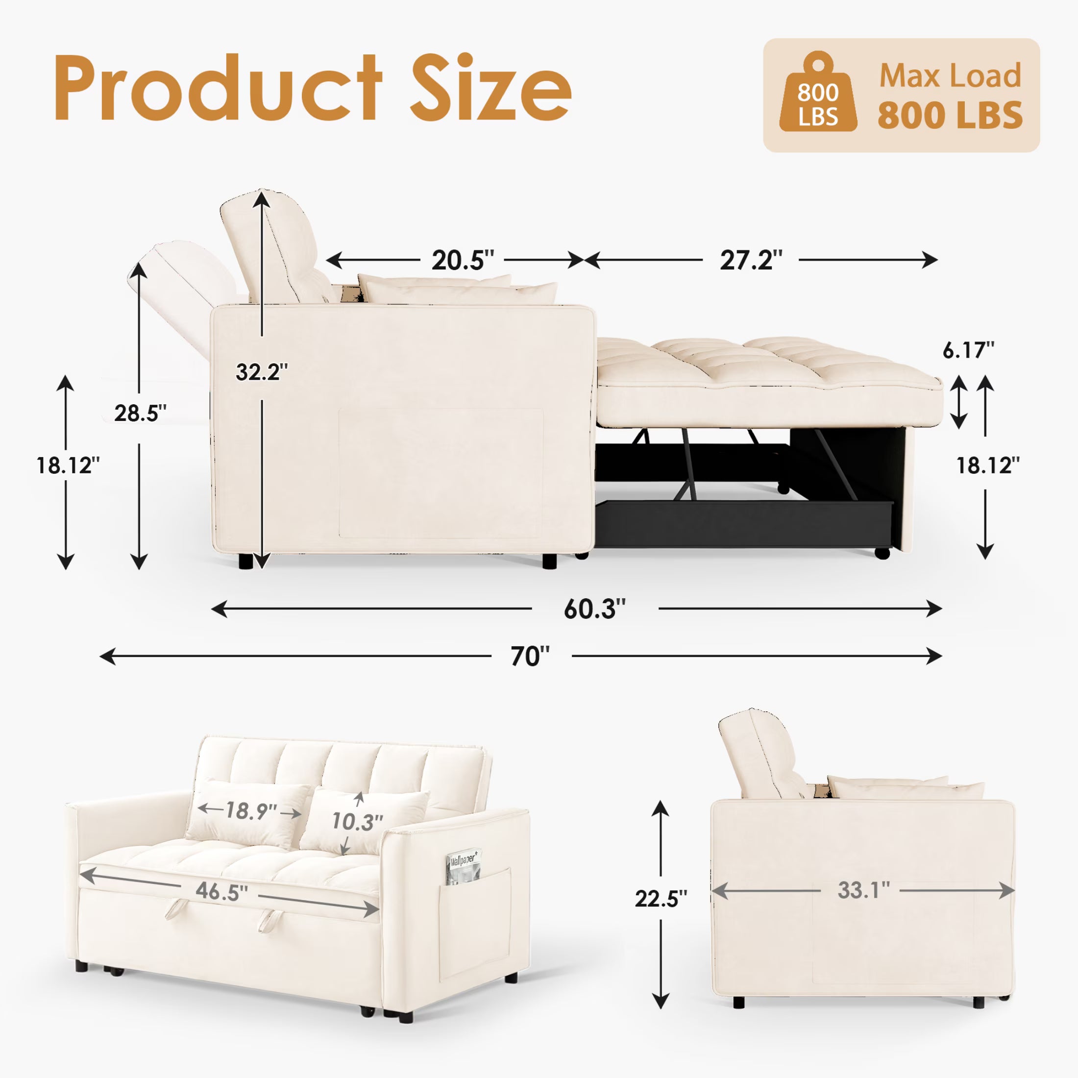 3-in-1 Velvet Sofa Bed – Pull-Out Sleeper with Adjustable Backrest