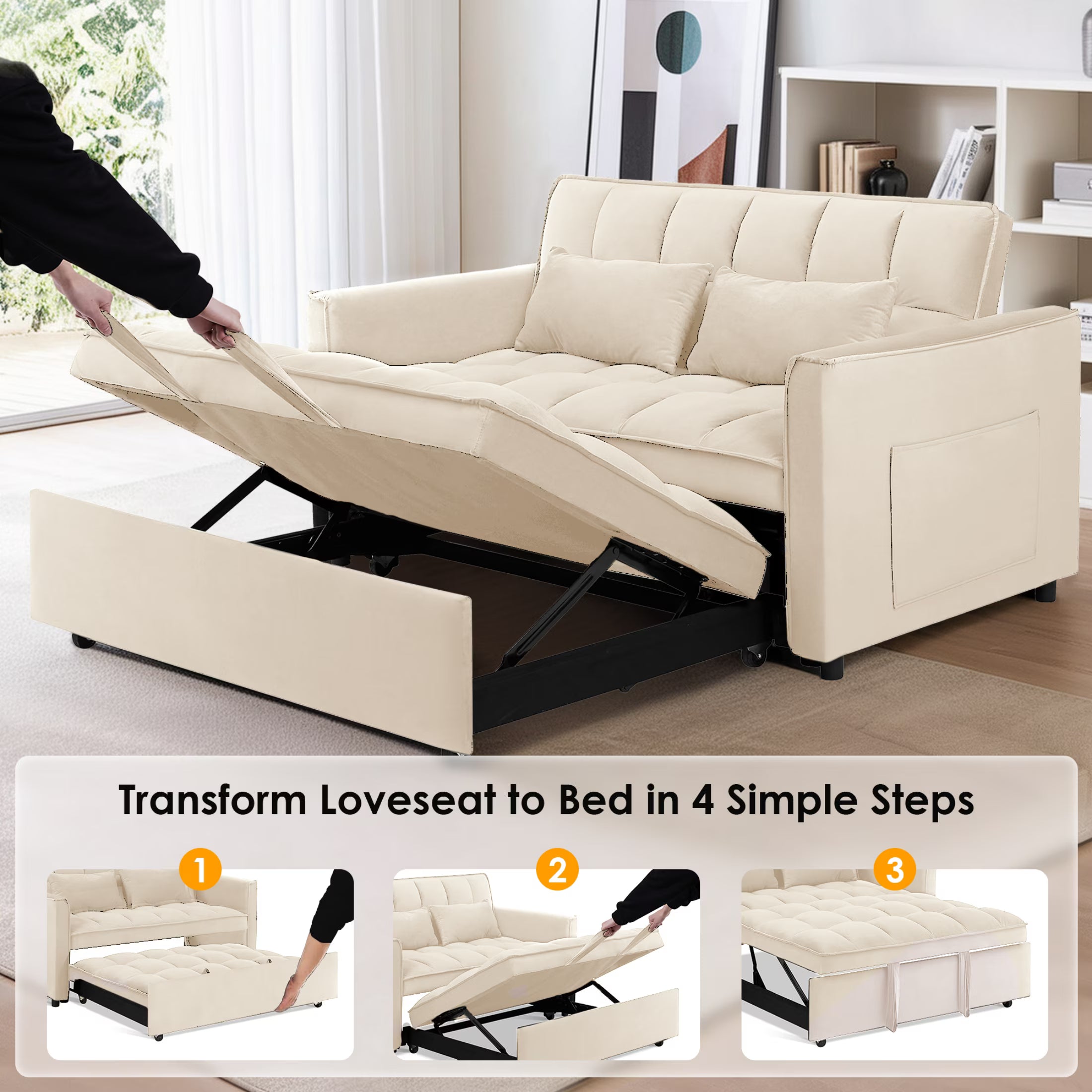 3-in-1 Velvet Sofa Bed – Pull-Out Sleeper with Adjustable Backrest
