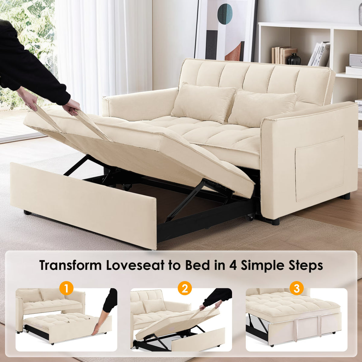 3-in-1 Velvet Sofa Bed – Pull-Out Sleeper with Adjustable Backrest