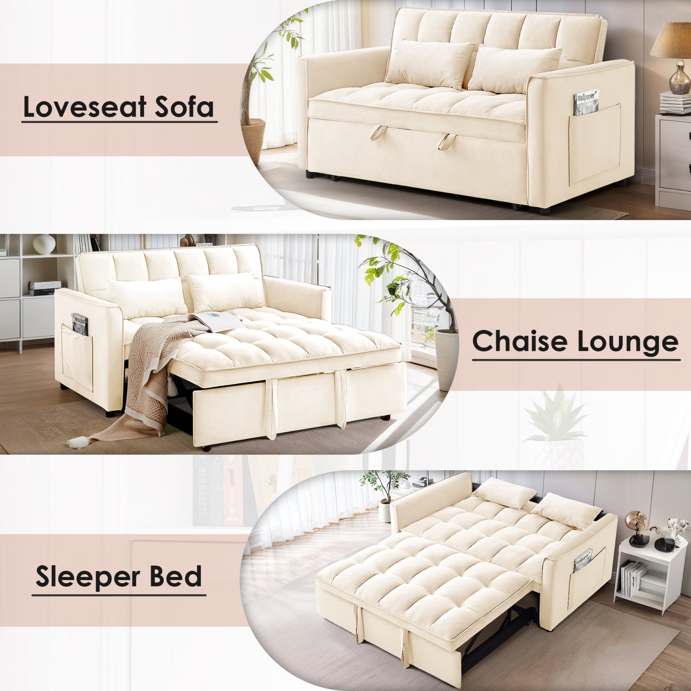 3-in-1 Velvet Sofa Bed – Pull-Out Sleeper with Adjustable Backrest