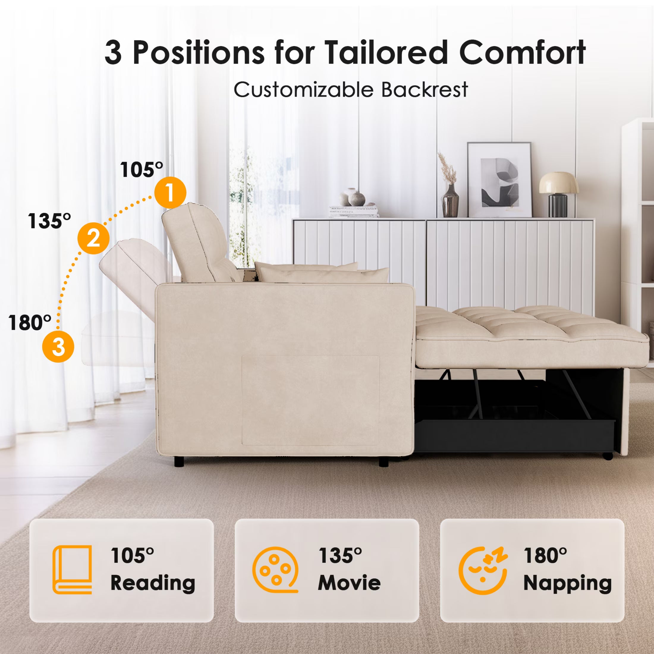 3-in-1 Velvet Sofa Bed – Pull-Out Sleeper with Adjustable Backrest