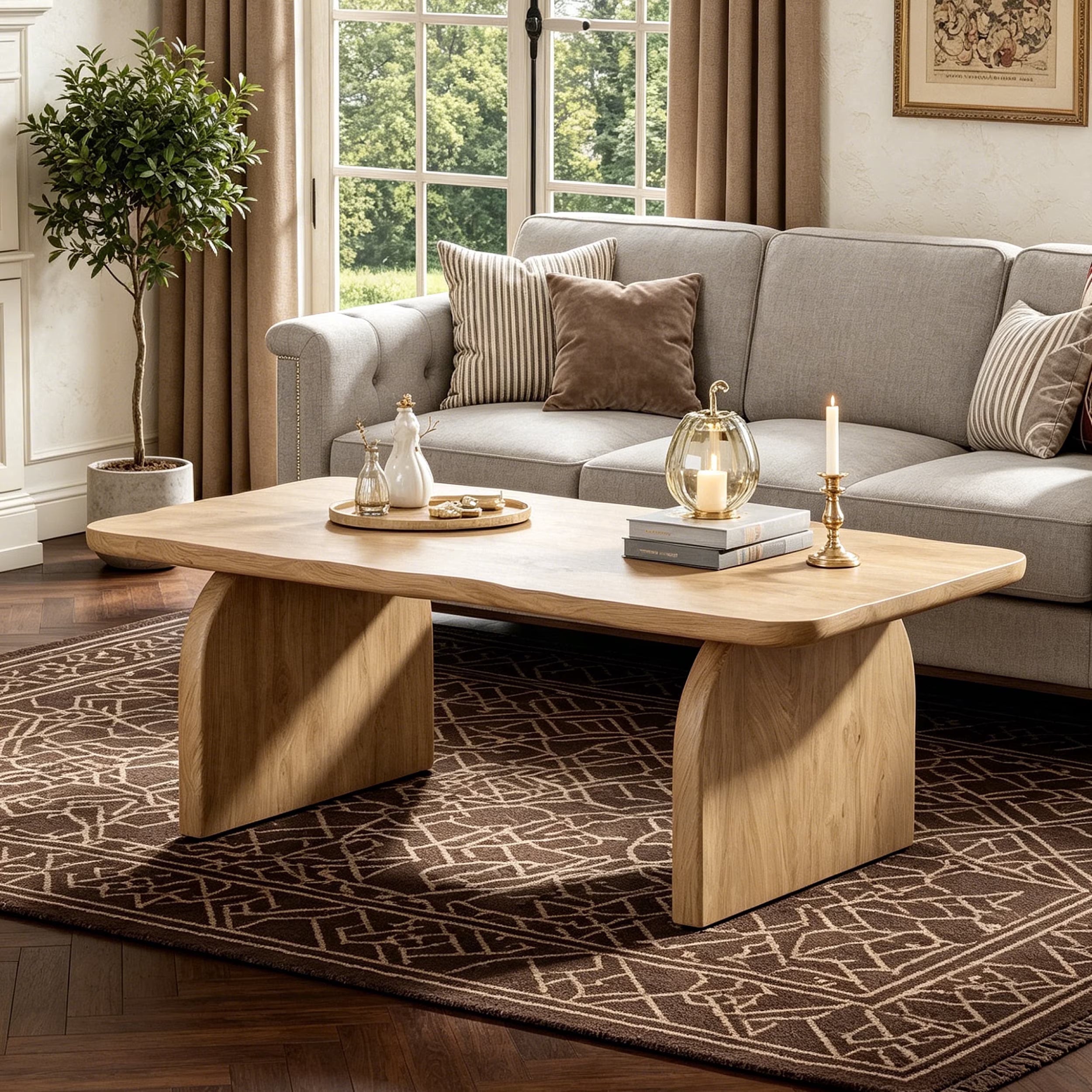 47 Inch Solid Wood Rustic Coffee Table – Rounded Corners, Waterproof Top