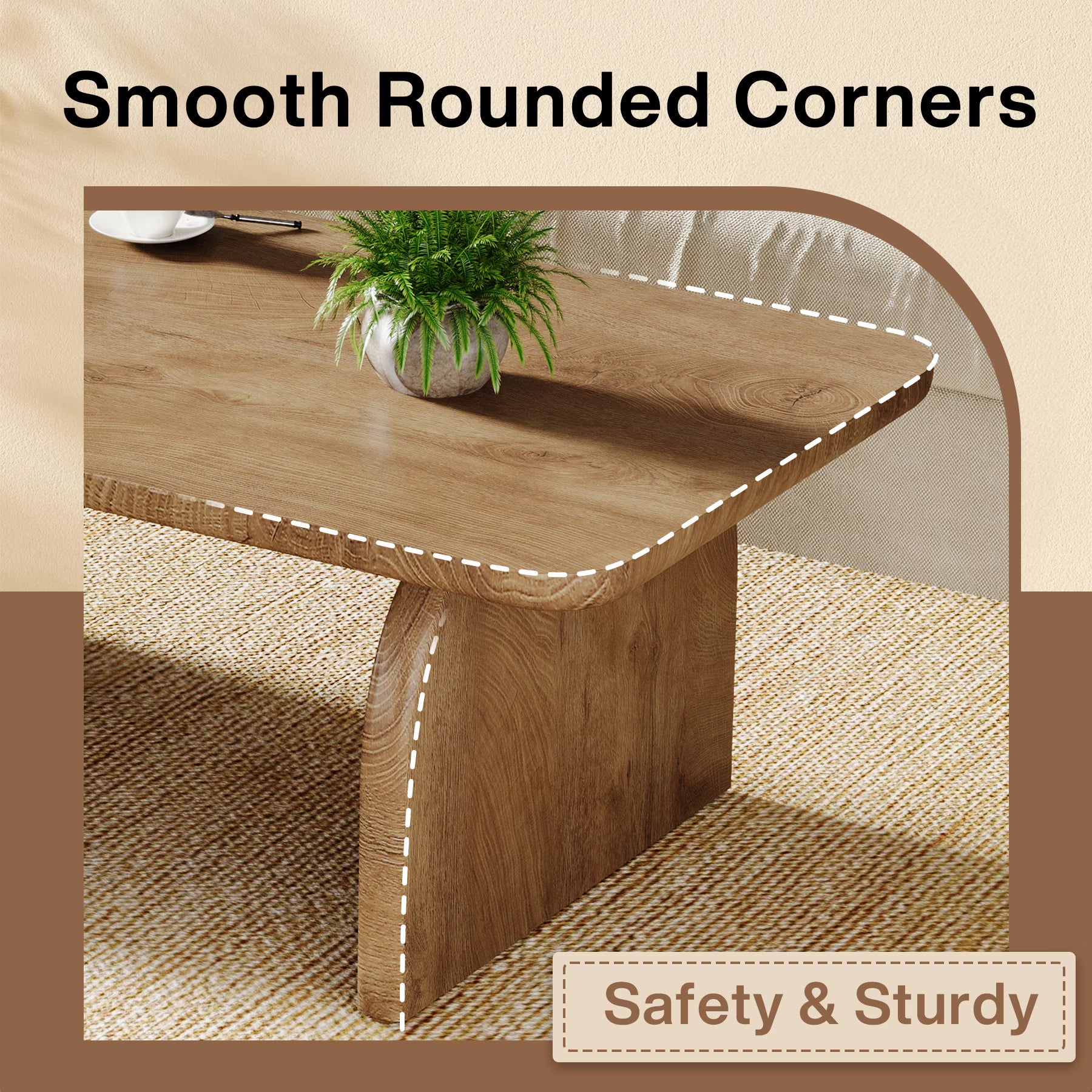 47 Inch Solid Wood Rustic Coffee Table – Rounded Corners, Waterproof Top