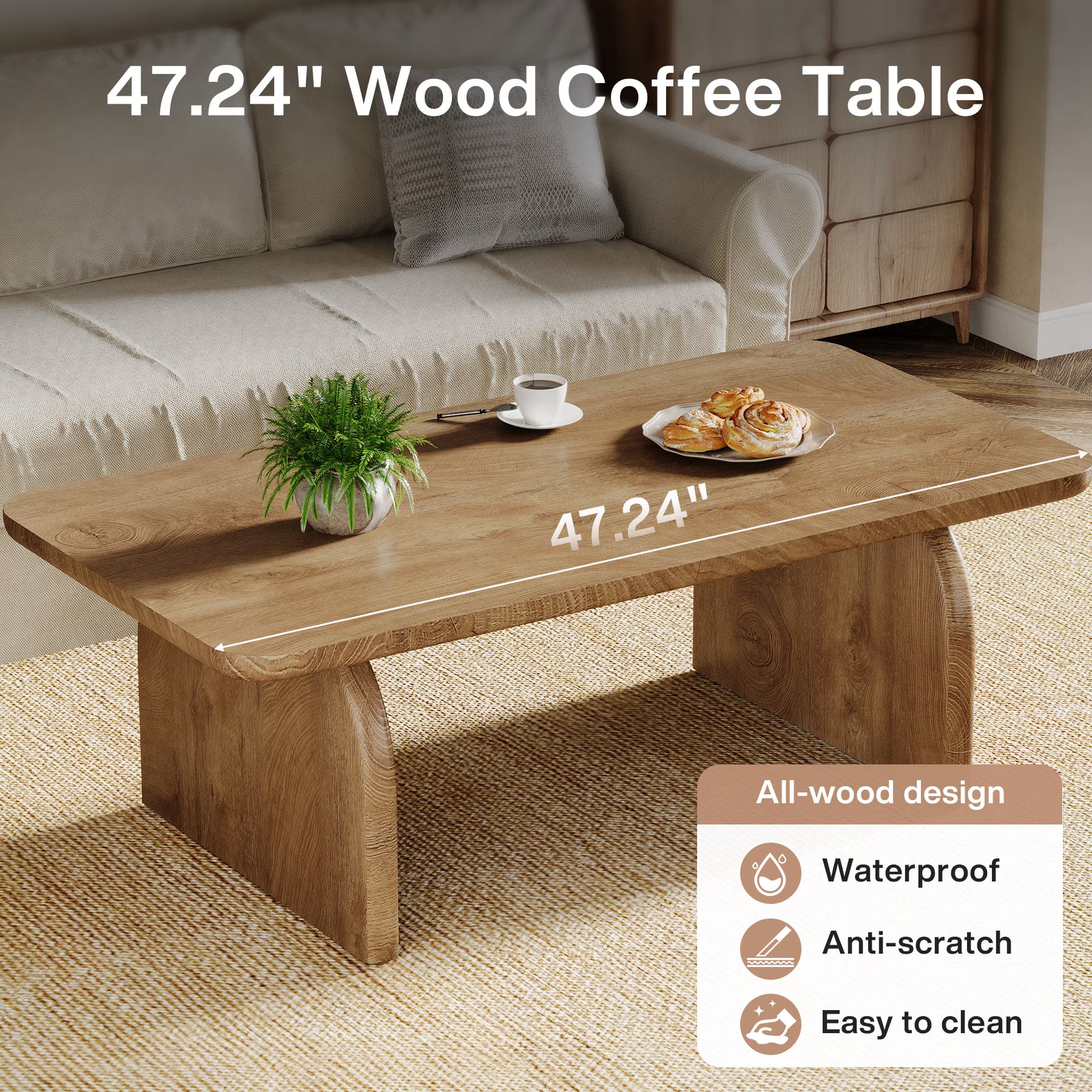47 Inch Solid Wood Rustic Coffee Table – Rounded Corners, Waterproof Top