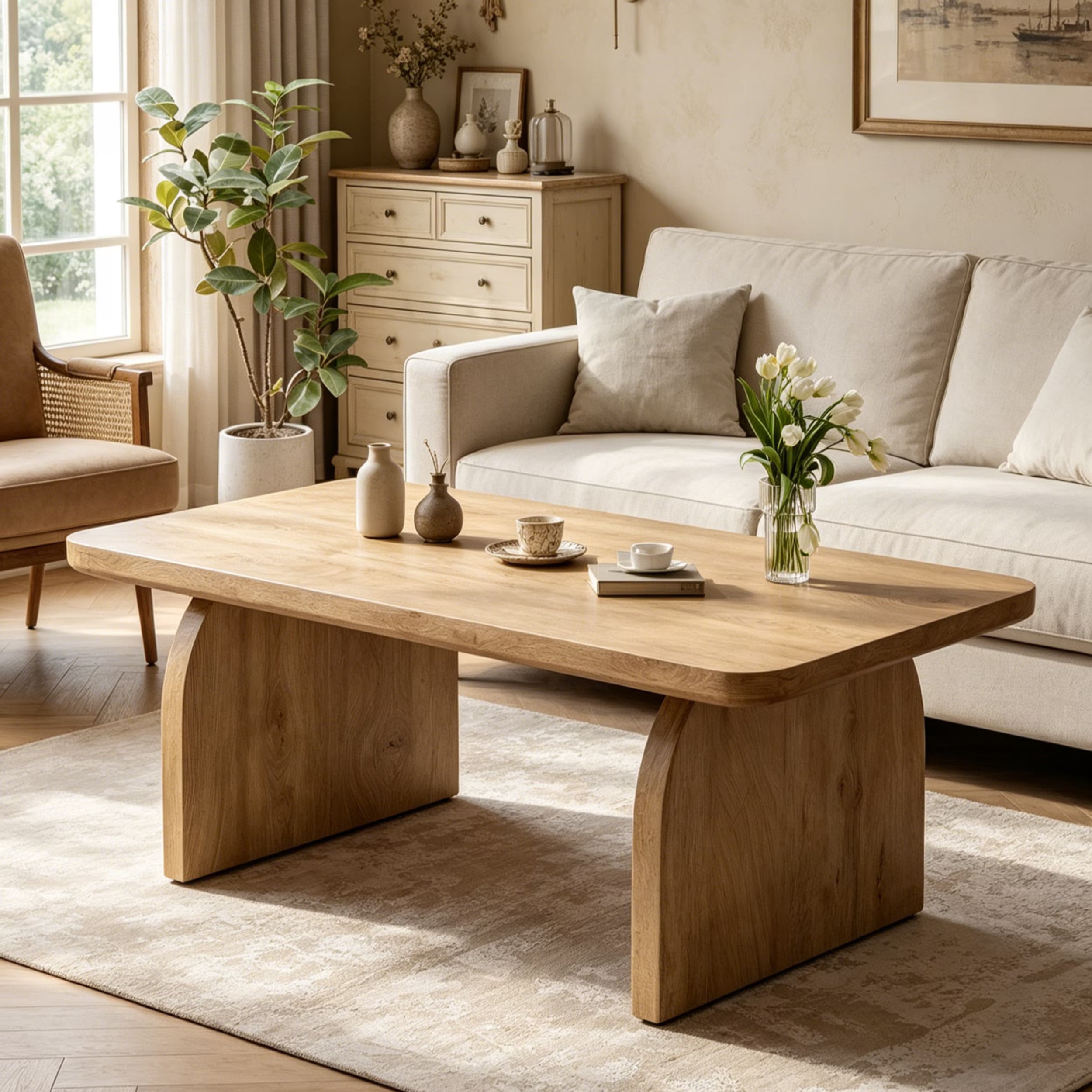 47 Inch Solid Wood Rustic Coffee Table – Rounded Corners, Waterproof Top