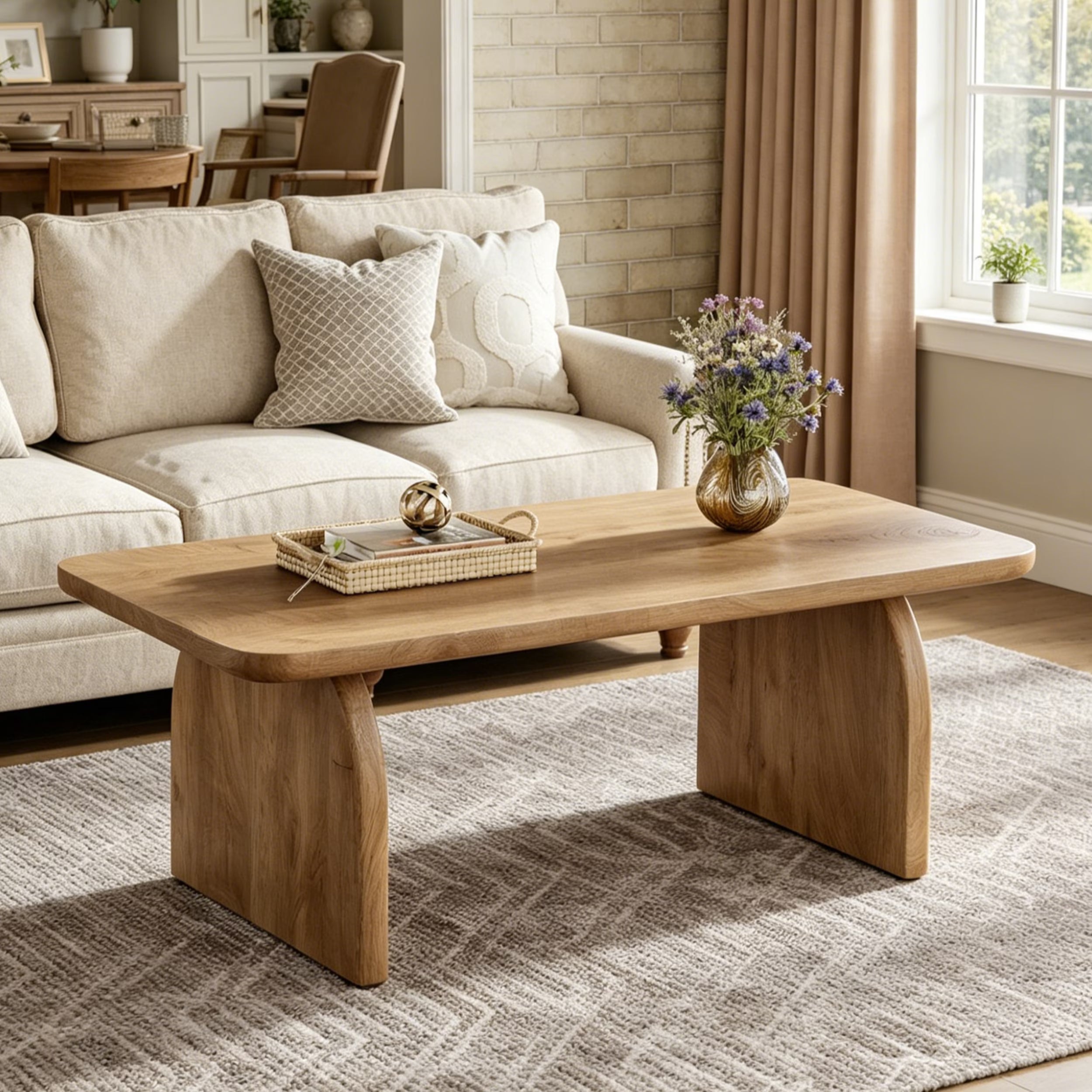 47 Inch Solid Wood Rustic Coffee Table – Rounded Corners, Waterproof Top