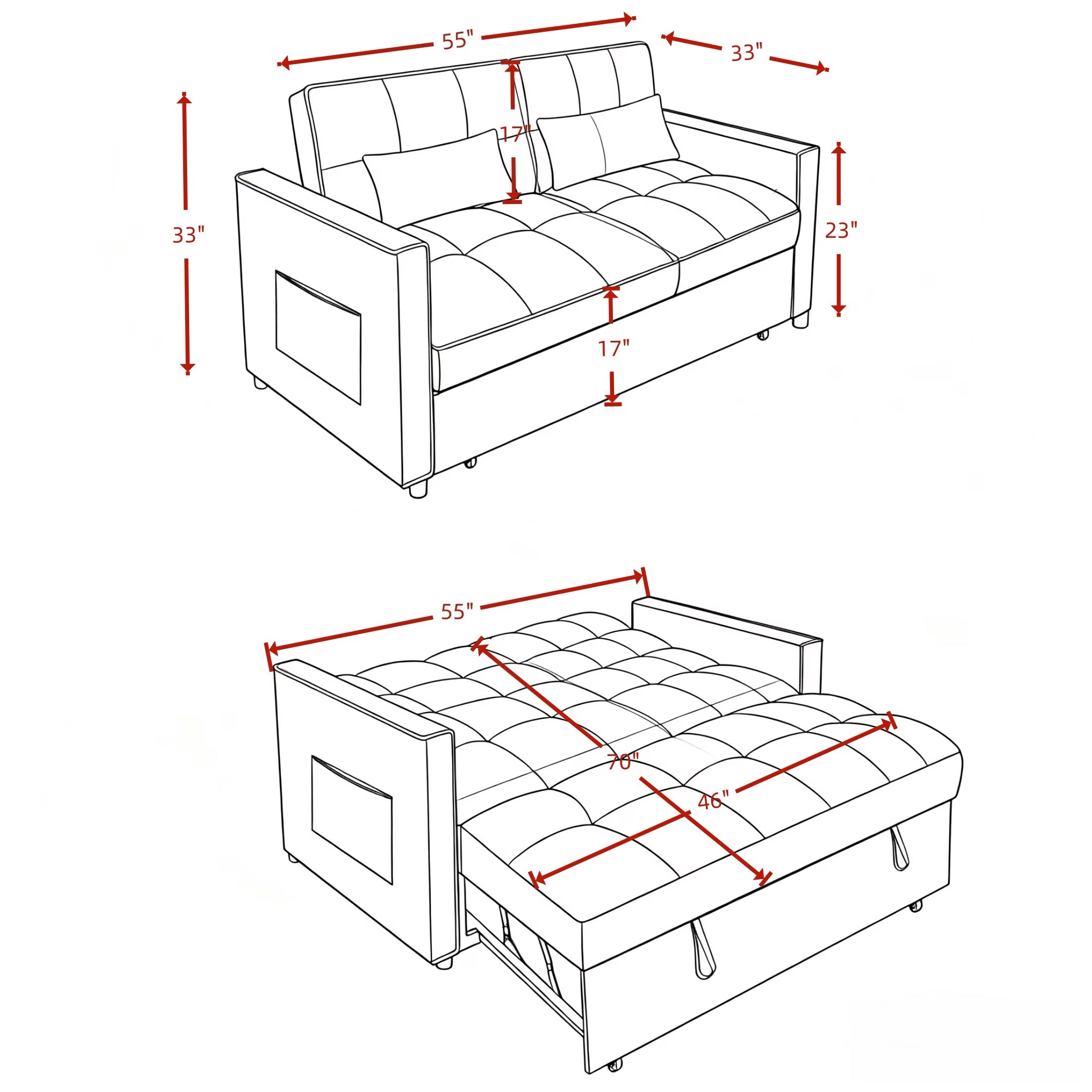 3-in-1 Velvet Sofa Bed – Pull-Out Sleeper with Adjustable Backrest