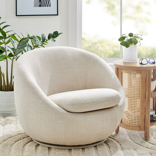 Upholstered accent chair with round arms and wood legs
