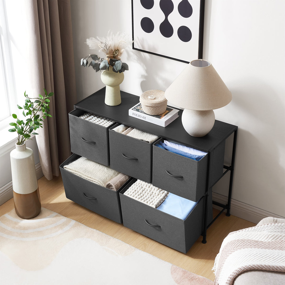 40" 5 Drawer Fabric Dresser in Grey – Steel Frame, Wood Top