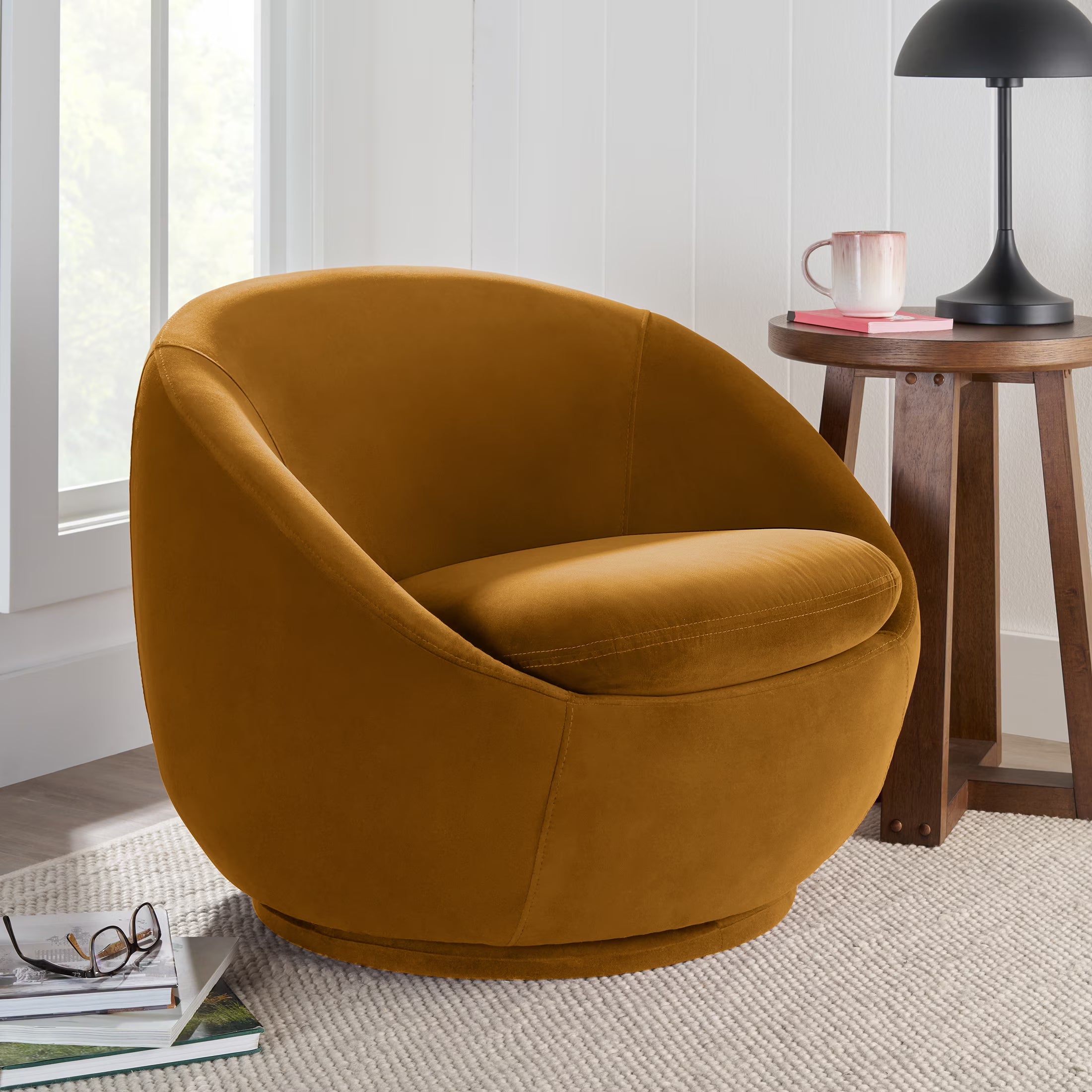 Round Arm Upholstered Accent Chair – Wood Frame, Foam Cushioned