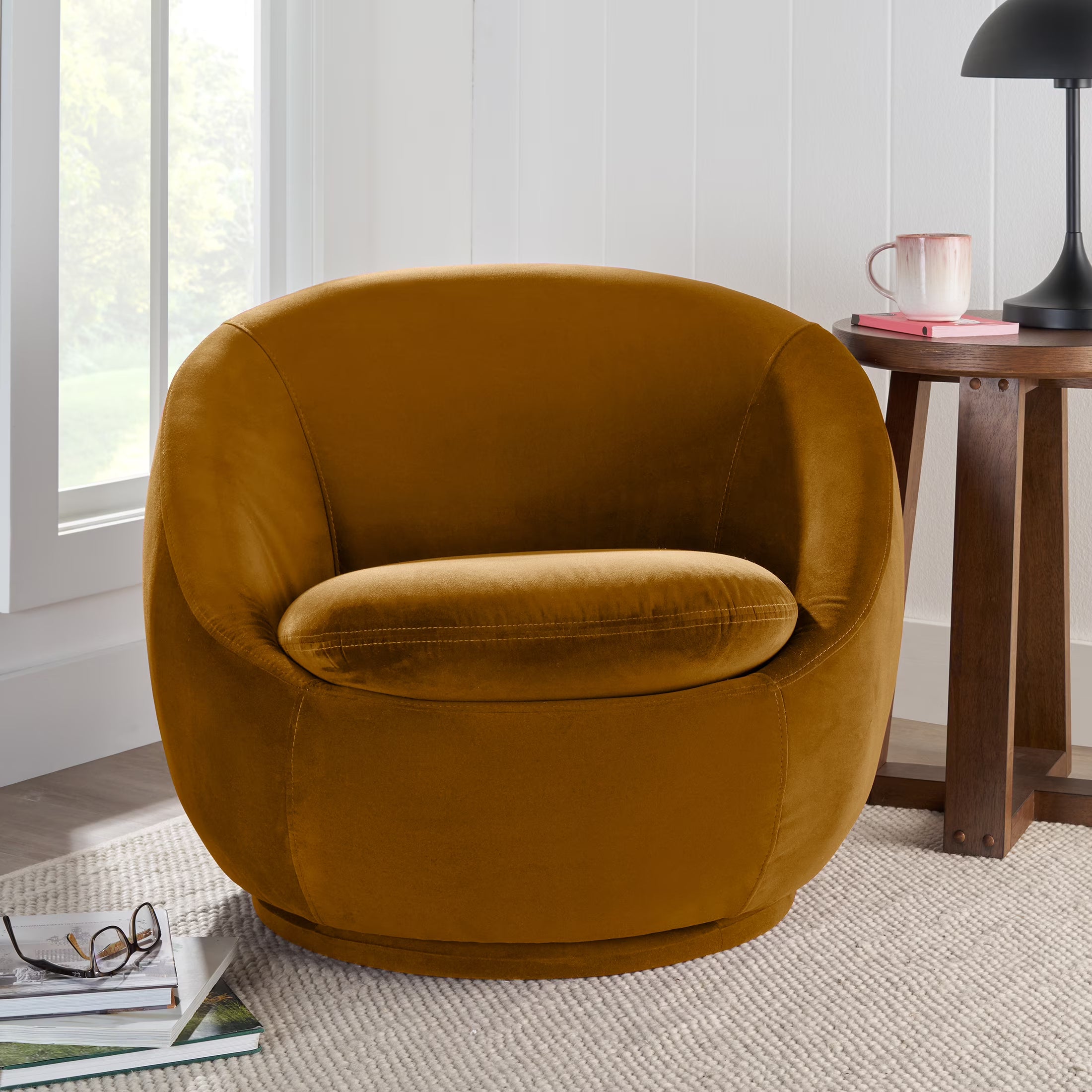 Round Arm Upholstered Accent Chair – Wood Frame, Foam Cushioned