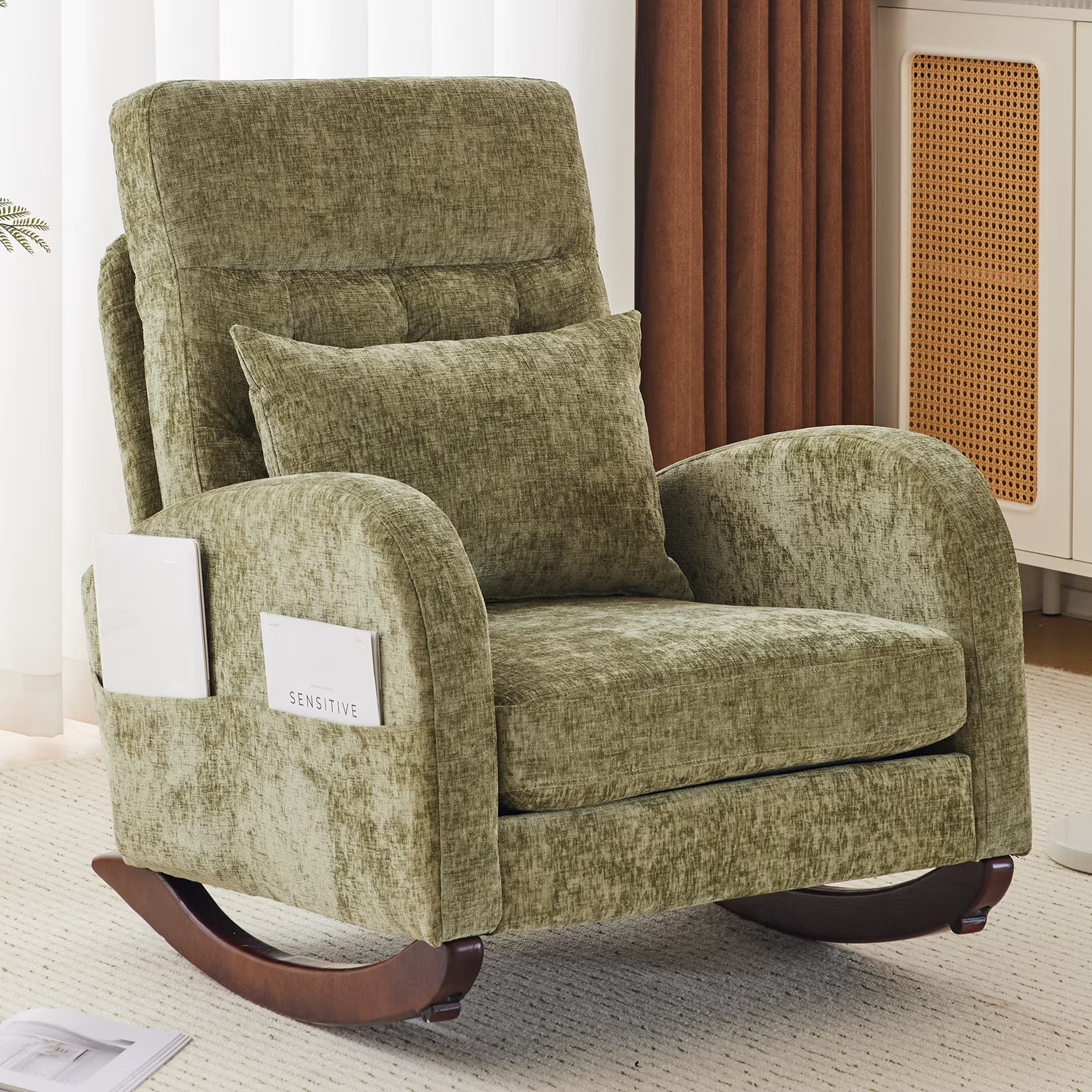 Solid Wood Lounge Chair with Side Pockets & Lumbar Pillow