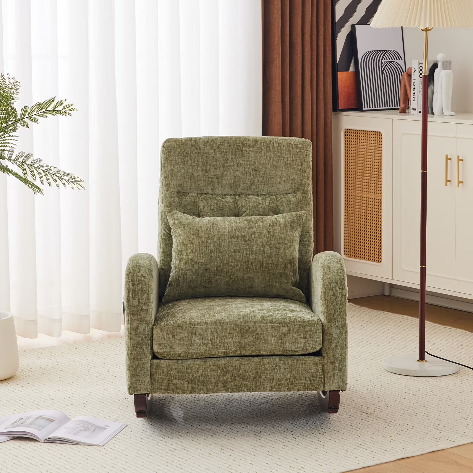Solid Wood Lounge Chair with Side Pockets & Lumbar Pillow