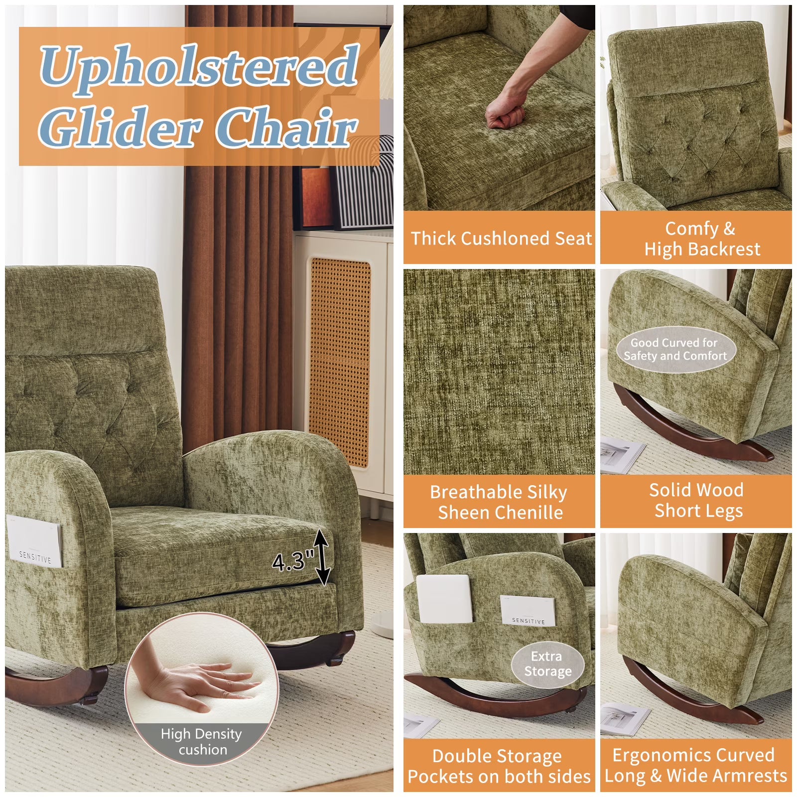 Solid Wood Lounge Chair with Side Pockets & Lumbar Pillow