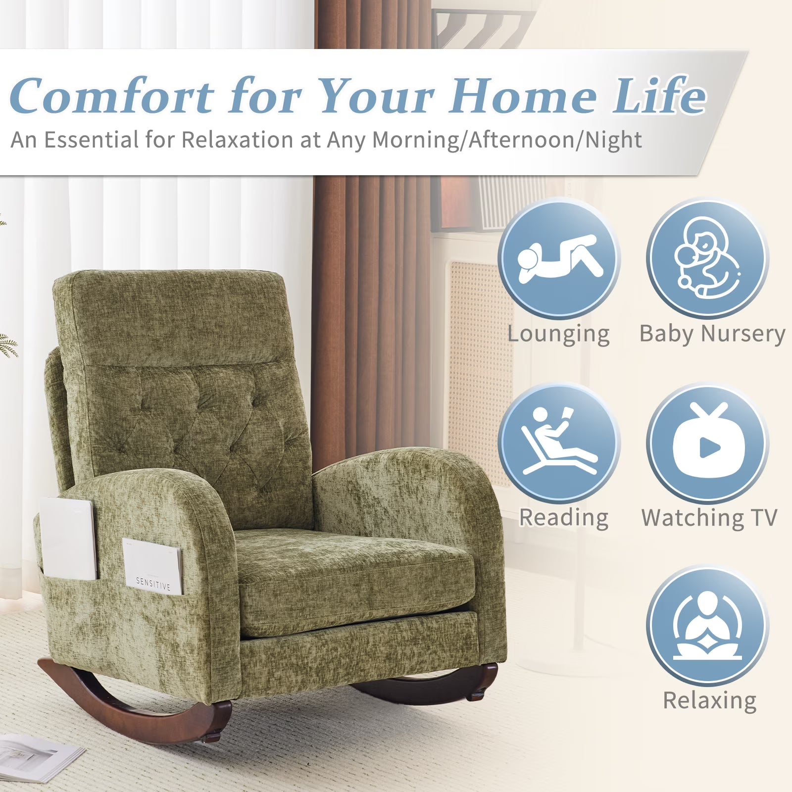 Solid Wood Lounge Chair with Side Pockets & Lumbar Pillow