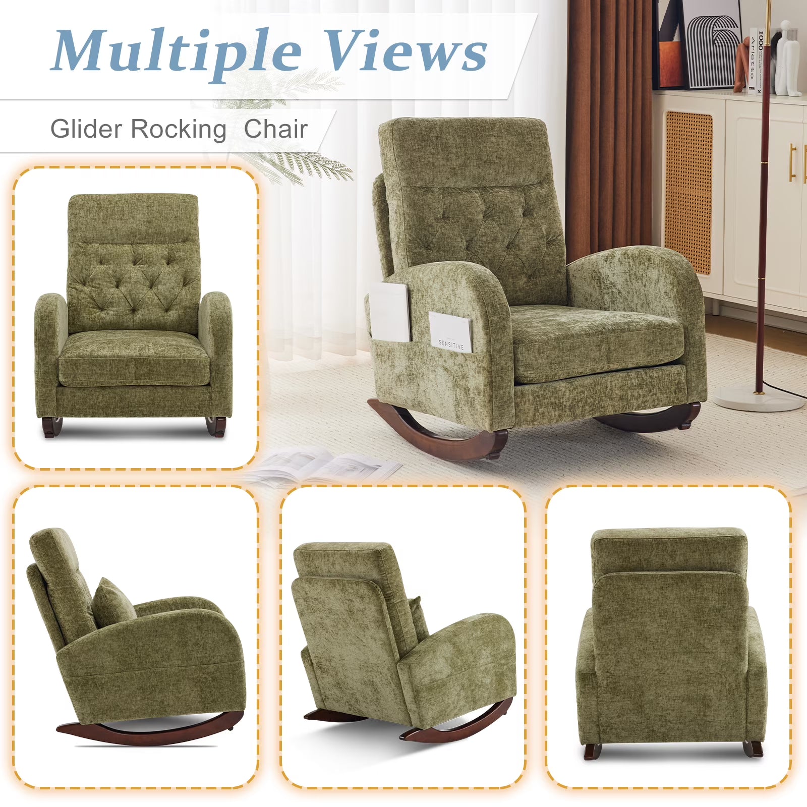 Solid Wood Lounge Chair with Side Pockets & Lumbar Pillow
