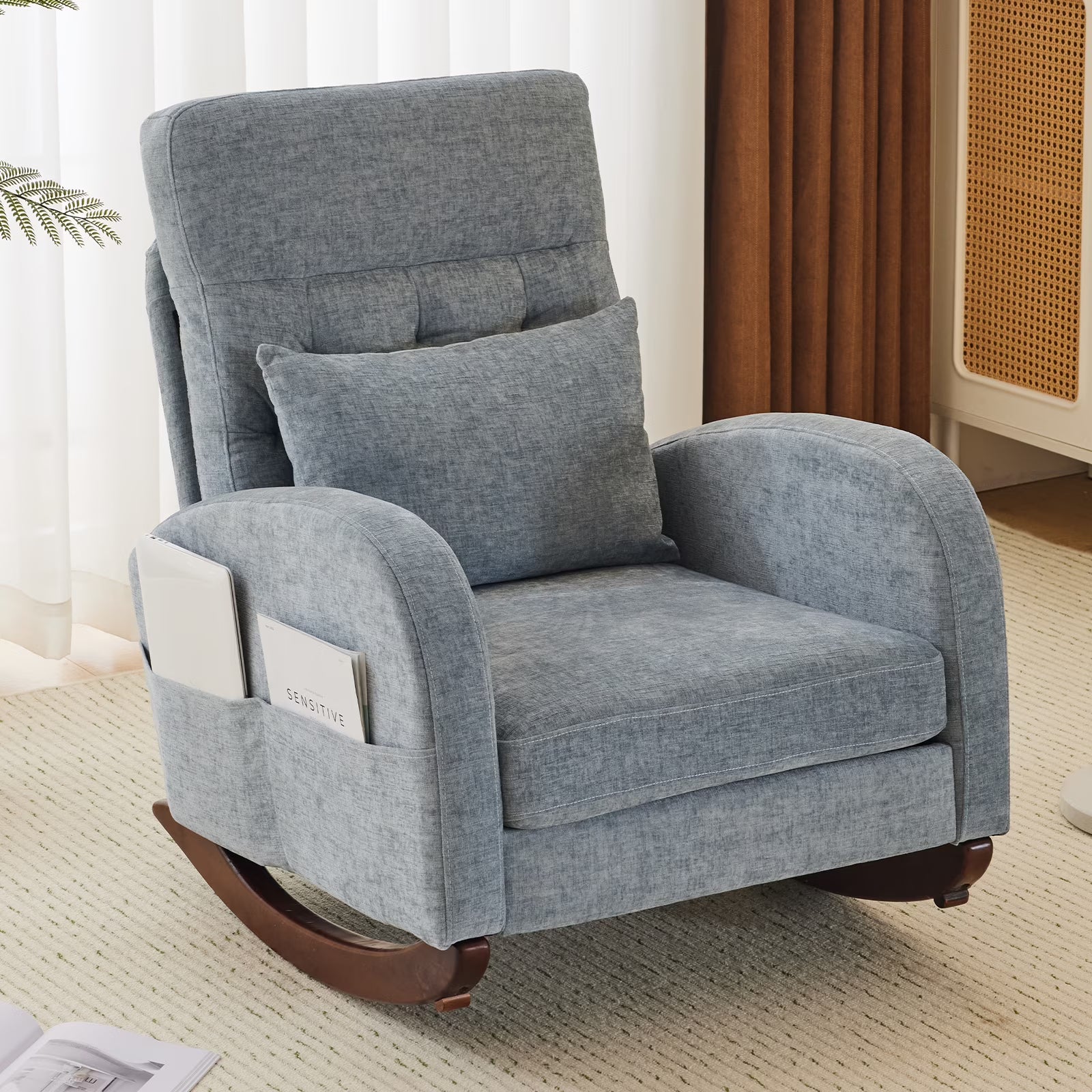Solid Wood Lounge Chair with Side Pockets & Lumbar Pillow