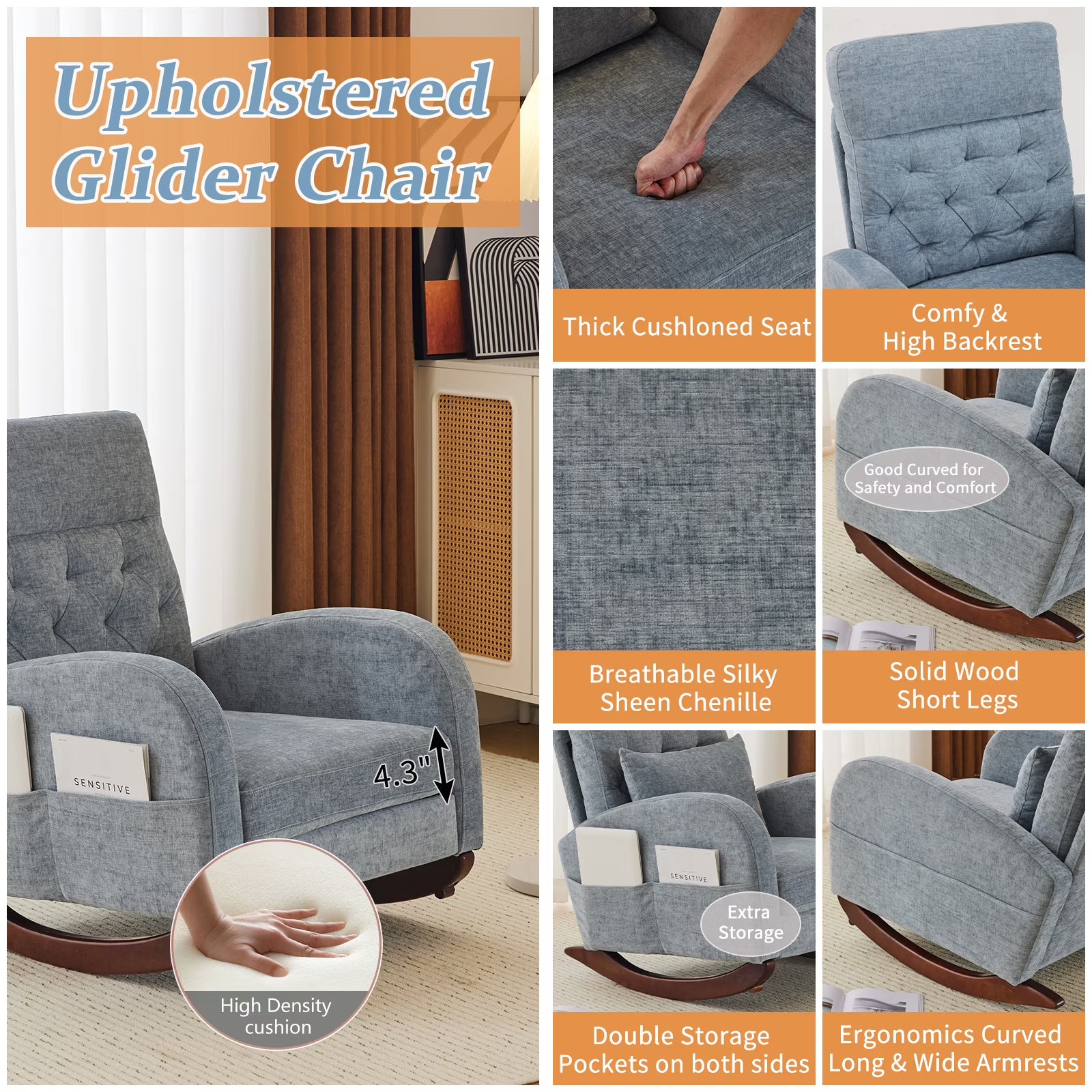 Solid Wood Lounge Chair with Side Pockets & Lumbar Pillow