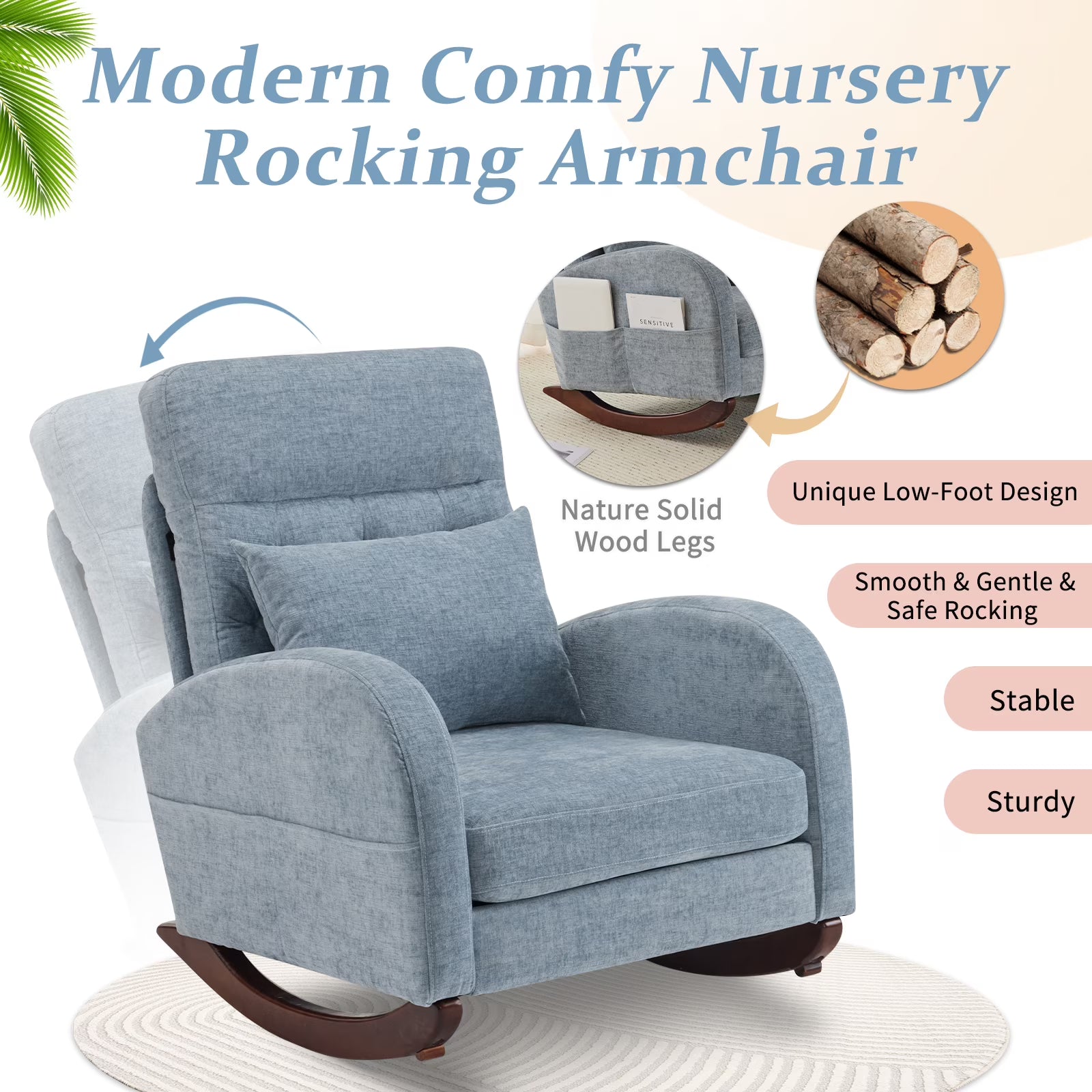 Solid Wood Lounge Chair with Side Pockets & Lumbar Pillow