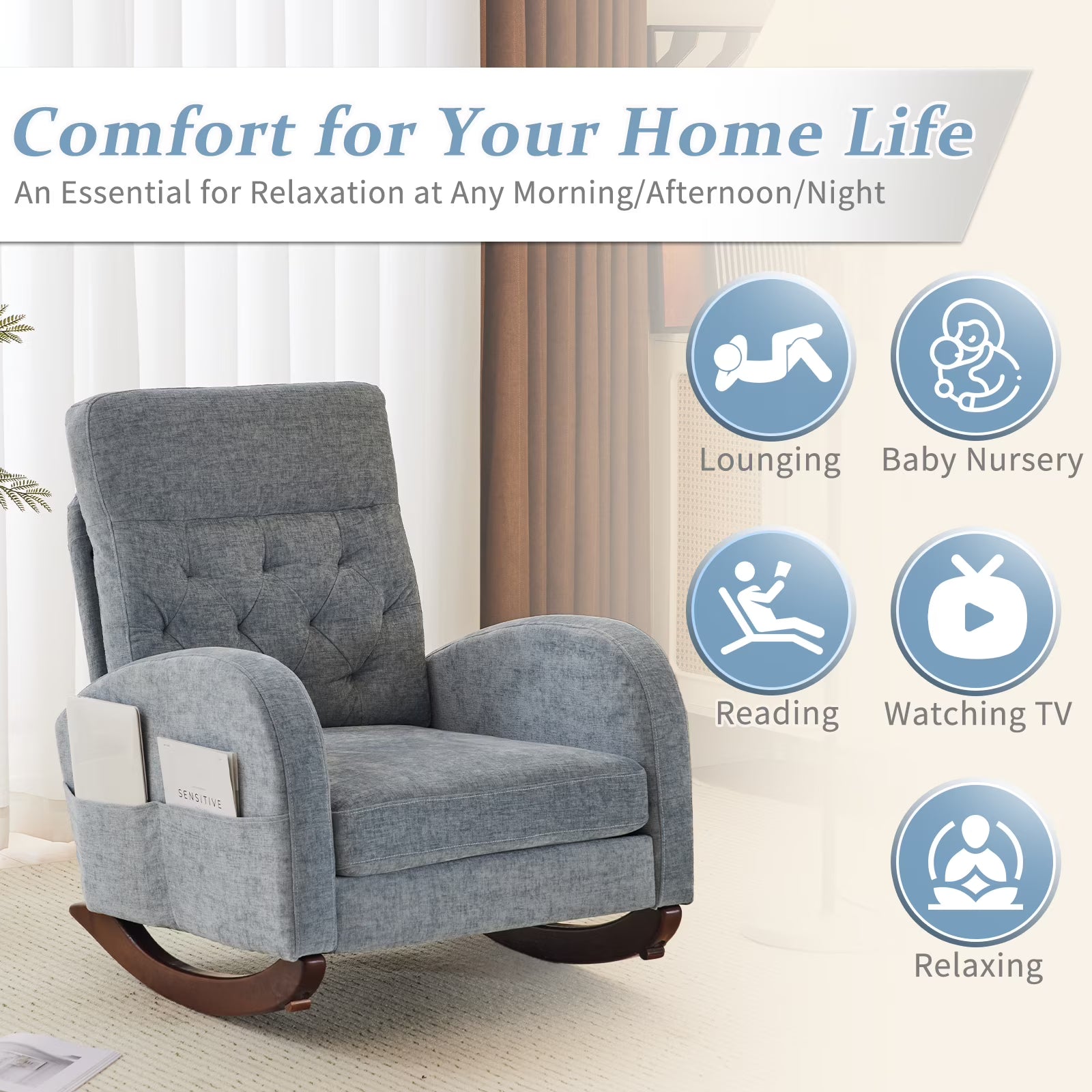 Solid Wood Lounge Chair with Side Pockets & Lumbar Pillow